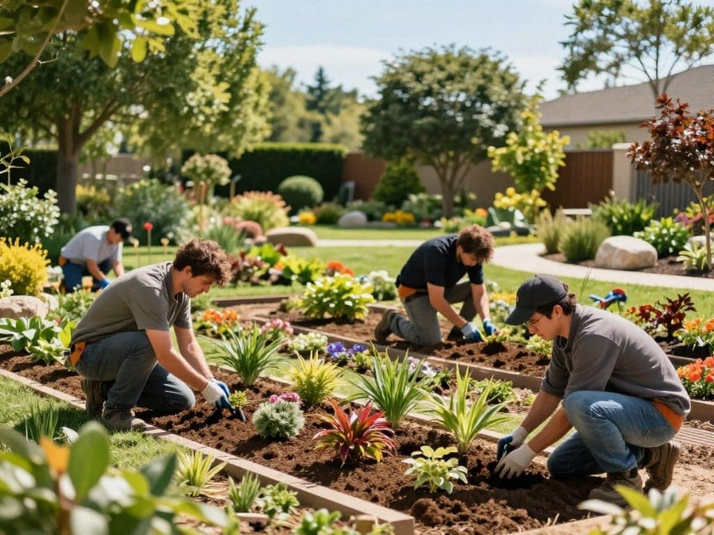 A professional landscape installation scene, showcasing a skilled team of landscape technicians in the foreground, dressed in modest casual clothing, actively engaging in the planting process. In the middle ground, various colorful plants and shrubs are being positioned in neatly prepared soil beds, highlighting the meticulous organization of the installation. The background features a well-maintained garden space with mature trees, soft grass, and decorative stones, under a clear blue sky that allows natural sunlight to illuminate the scene. The mood is vibrant and focused, capturing the essence of teamwork and expertise in landscape design, with a depth of field that draws attention to the intricate details of the plants and tools being used. A professional landscape installation scene, showcasing a skilled team of landscape technicians in the foreground, dressed in modest casual clothing, actively engaging in the planting process. In the middle ground, various colorful plants and shrubs are being positioned in neatly prepared soil beds, highlighting the meticulous organization of the installation. The background features a well-maintained garden space with mature trees, soft grass, and decorative stones, under a clear blue sky that allows natural sunlight to illuminate the scene. The mood is vibrant and focused, capturing the essence of teamwork and expertise in landscape design, with a depth of field that draws attention to the intricate details of the plants and tools being used.