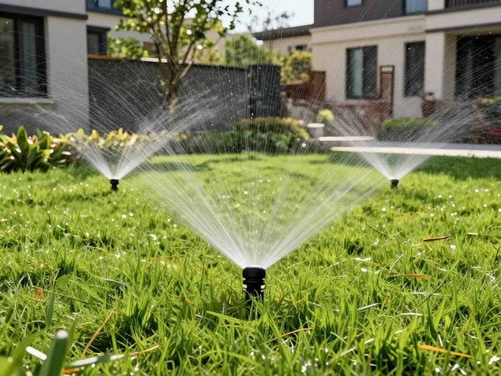 A professional landscape irrigation installation in a modern residential yard, featuring subtle sprinkler heads and lush green grass in the sunlight. A professional landscape irrigation installation in a modern residential yard, featuring subtle sprinkler heads and lush green grass in the sunlight.