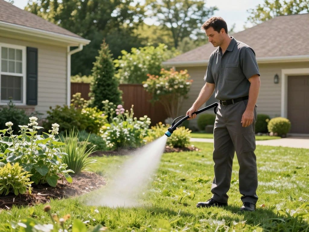 A professional lawn care technician applying liquid nutrient treatment to a vibrant, weed-free residential backyard in Dyer, Indiana, bright sunlight, cinematic lighting, high resolution. A professional lawn care technician applying liquid nutrient treatment to a vibrant, weed-free residential backyard in Dyer, Indiana, bright sunlight, cinematic lighting, high resolution.