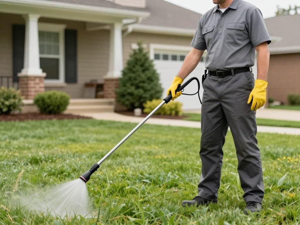 A professional lawn care technician in Dyer, Indiana, wearing safety gear and using a professional-grade spray wand to treat a residential lawn, high-resolution, bright daylight, realistic outdoor setting. A professional lawn care technician in Dyer, Indiana, wearing safety gear and using a professional-grade spray wand to treat a residential lawn, high-resolution, bright daylight, realistic outdoor setting.