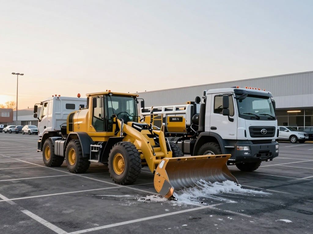 A professional snow removal fleet including heavy-duty trucks and specialized loaders clearing a large commercial parking lot at sunrise, realistic style, high detail. A professional snow removal fleet including heavy-duty trucks and specialized loaders clearing a large commercial parking lot at sunrise, realistic style, high detail.