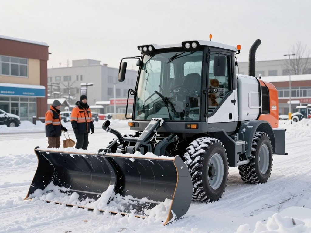 A professional snow removal machine prominently displayed in the foreground, showcasing its robust design and powerful features, such as a large plow and snow blower attachments. In the middle ground, a trained team of two professionals in winter work attire operates the equipment, ensuring safe and efficient snow clearing. The background features a snowy urban landscape with commercial buildings partially covered in snow, hinting at the importance of timely snow management. Soft, overcast daylight illuminates the scene, casting gentle shadows and creating a calm atmosphere. The image should be captured at a slight angle for depth, emphasizing the equipment's size and the workers' professionalism, conveying an atmosphere of reliability and readiness. A professional snow removal machine prominently displayed in the foreground, showcasing its robust design and powerful features, such as a large plow and snow blower attachments. In the middle ground, a trained team of two professionals in winter work attire operates the equipment, ensuring safe and efficient snow clearing. The background features a snowy urban landscape with commercial buildings partially covered in snow, hinting at the importance of timely snow management. Soft, overcast daylight illuminates the scene, casting gentle shadows and creating a calm atmosphere. The image should be captured at a slight angle for depth, emphasizing the equipment's size and the workers' professionalism, conveying an atmosphere of reliability and readiness.