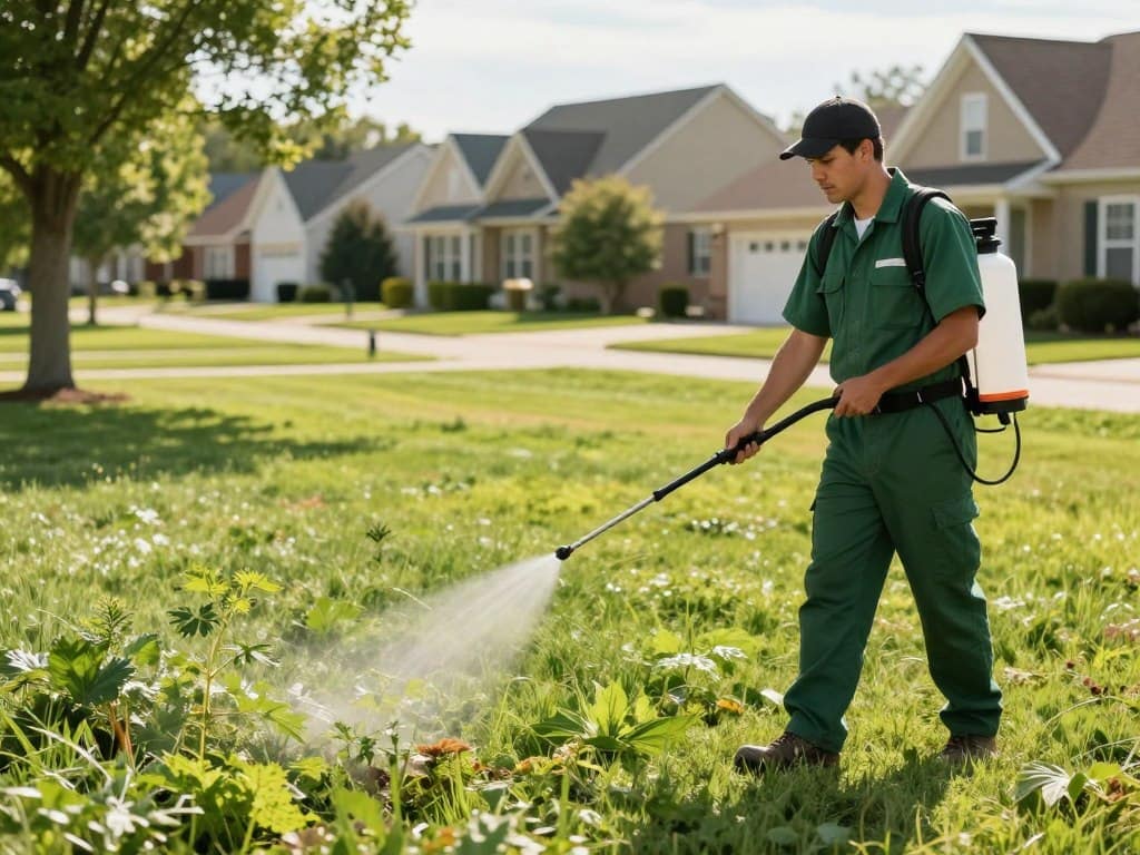 A professional weed control service in action at a well-maintained suburban lawn in Dyer, Indiana. In the foreground, a knowledgeable technician in a green uniform and safety gear is using a sprayer to target invasive weeds, demonstrating expertise and care. The middle ground features a lush lawn with vibrant green grass and patches of troublesome weeds being expertly managed. In the background, a row of tidy homes showcases the neighborhood's charm under a bright, sunny sky, with a few trees providing shade. The angle captures a sense of professionalism and dedication, with warm, inviting lighting creating a positive and reassuring atmosphere, symbolizing the peace of mind homeowners experience with expert services. A professional weed control service in action at a well-maintained suburban lawn in Dyer, Indiana. In the foreground, a knowledgeable technician in a green uniform and safety gear is using a sprayer to target invasive weeds, demonstrating expertise and care. The middle ground features a lush lawn with vibrant green grass and patches of troublesome weeds being expertly managed. In the background, a row of tidy homes showcases the neighborhood's charm under a bright, sunny sky, with a few trees providing shade. The angle captures a sense of professionalism and dedication, with warm, inviting lighting creating a positive and reassuring atmosphere, symbolizing the peace of mind homeowners experience with expert services.