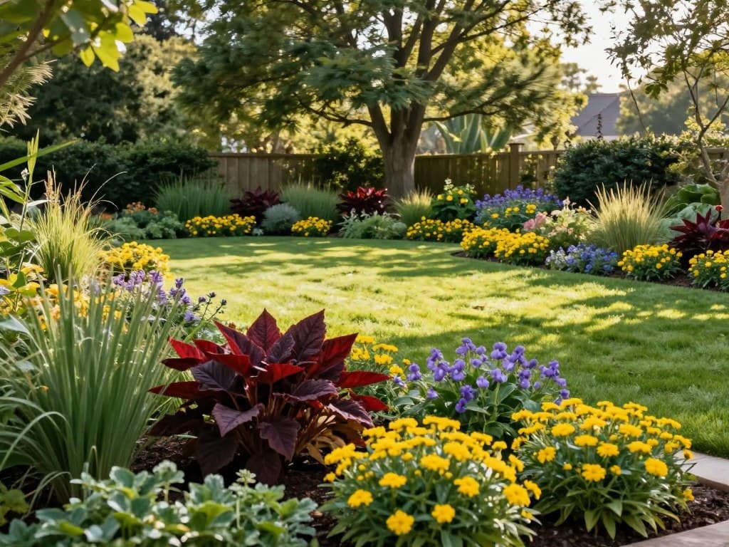 A professionally landscaped garden showcasing expert softscape installation. In the foreground, a variety of lush plants and flowers are artfully arranged, with vibrant colors like deep reds, bright yellows, and soft purples. A neatly maintained lawn fills the middle ground, bordered by well-defined flower beds. In the background, tall, mature trees provide shade and depth, their leaves gently swaying in a light breeze. The scene is bathed in warm, natural sunlight, creating soft shadows that enhance the textures of the plants. The angle should be slightly elevated, capturing the full layout of the landscape, with a focus on balance and harmony in the design. The mood is inviting and tranquil, reflecting the benefits of a professionally executed softscape installation. A professionally landscaped garden showcasing expert softscape installation. In the foreground, a variety of lush plants and flowers are artfully arranged, with vibrant colors like deep reds, bright yellows, and soft purples. A neatly maintained lawn fills the middle ground, bordered by well-defined flower beds. In the background, tall, mature trees provide shade and depth, their leaves gently swaying in a light breeze. The scene is bathed in warm, natural sunlight, creating soft shadows that enhance the textures of the plants. The angle should be slightly elevated, capturing the full layout of the landscape, with a focus on balance and harmony in the design. The mood is inviting and tranquil, reflecting the benefits of a professionally executed softscape installation.