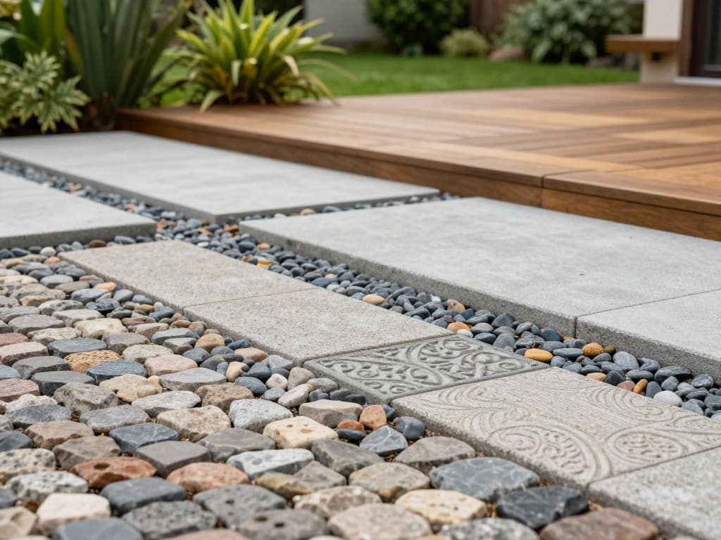 A richly detailed outdoor scene showcasing a variety of popular hardscape materials. In the foreground, feature beautifully arranged cobblestones and pavers with intricate patterns, displaying their textures and colors. The middle ground should include stylish concrete slabs and elegant wooden decking, demonstrating their versatility and appeal in outdoor settings. In the background, lush greenery highlights the hardscape elements, complementing the aesthetic. Soft, natural lighting bathes the scene, creating gentle shadows that enhance the materials' textures. Capture the image from a low angle, emphasizing the hardscape features against a serene garden backdrop. The mood conveys a sense of tranquility and sophistication, ideal for outdoor living spaces. Aim for a vibrant yet harmonious color palette that reflects modern hardscape trends without any distractions. A richly detailed outdoor scene showcasing a variety of popular hardscape materials. In the foreground, feature beautifully arranged cobblestones and pavers with intricate patterns, displaying their textures and colors. The middle ground should include stylish concrete slabs and elegant wooden decking, demonstrating their versatility and appeal in outdoor settings. In the background, lush greenery highlights the hardscape elements, complementing the aesthetic. Soft, natural lighting bathes the scene, creating gentle shadows that enhance the materials' textures. Capture the image from a low angle, emphasizing the hardscape features against a serene garden backdrop. The mood conveys a sense of tranquility and sophistication, ideal for outdoor living spaces. Aim for a vibrant yet harmonious color palette that reflects modern hardscape trends without any distractions.