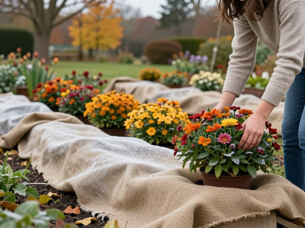 A serene garden scene in autumn, showcasing various plants being carefully covered with frost blankets and burlap to protect them from the impending cold weather. In the foreground, a homeowner, dressed in a modest casual sweater and jeans, gently wraps a vibrant flowering plant, emphasizing the care taken towards protecting greenery. The middle ground features rows of colorful shrubs and flowers, partially covered, with leaves turning shades of orange and gold, indicative of fall. The background reveals a soft-focus view of a tree-lined lawn under a muted overcast sky, casting diffused light on the scene. The overall mood is calm, focused, and nurturing, invoking a sense of responsibility in preserving nature during seasonal changes. A serene garden scene in autumn, showcasing various plants being carefully covered with frost blankets and burlap to protect them from the impending cold weather. In the foreground, a homeowner, dressed in a modest casual sweater and jeans, gently wraps a vibrant flowering plant, emphasizing the care taken towards protecting greenery. The middle ground features rows of colorful shrubs and flowers, partially covered, with leaves turning shades of orange and gold, indicative of fall. The background reveals a soft-focus view of a tree-lined lawn under a muted overcast sky, casting diffused light on the scene. The overall mood is calm, focused, and nurturing, invoking a sense of responsibility in preserving nature during seasonal changes.