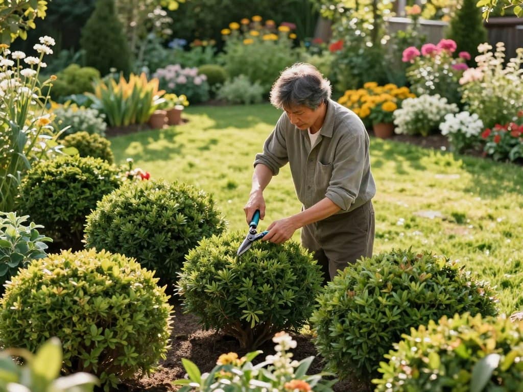 A serene garden scene in the foreground featuring a variety of neatly trimmed bushes and shrubs, demonstrating the art of pruning. In the center, a knowledgeable gardener, dressed in modest casual clothing, actively pruning a bush with sharp garden shears, showcasing proper technique. The background displays a vibrant assortment of flowering plants and a well-maintained lawn, bathed in warm, natural sunlight that casts gentle shadows, creating a tranquil atmosphere. The composition emphasizes a harmonious balance between the greenery and the gardener's careful actions. The angle is slightly elevated to capture both the gardener's focused expression and the lush garden details, evoking a sense of peace and appreciation for gardening as a nurturing hobby. A serene garden scene in the foreground featuring a variety of neatly trimmed bushes and shrubs, demonstrating the art of pruning. In the center, a knowledgeable gardener, dressed in modest casual clothing, actively pruning a bush with sharp garden shears, showcasing proper technique. The background displays a vibrant assortment of flowering plants and a well-maintained lawn, bathed in warm, natural sunlight that casts gentle shadows, creating a tranquil atmosphere. The composition emphasizes a harmonious balance between the greenery and the gardener's careful actions. The angle is slightly elevated to capture both the gardener's focused expression and the lush garden details, evoking a sense of peace and appreciation for gardening as a nurturing hobby.