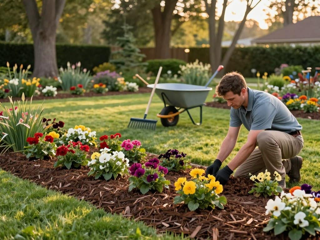 A serene garden scene showcasing professional seasonal mulching services. In the foreground, a freshly mulched flower bed features rich, dark bark mulch surrounding vibrant, blooming perennial flowers. A landscaping professional in smart casual attire is kneeling, carefully arranging the mulch around the flowers, demonstrating attention to detail. In the middle ground, lush green grass contrasts with the deep brown mulch, while a variety of garden tools, such as a rake and a wheelbarrow, are neatly placed nearby, hinting at recent activity. In the background, tall trees line the edges of the garden, illuminated by soft, golden evening light, casting gentle shadows that enhance the tranquil atmosphere. The focus is on the beauty of a well-maintained garden. A serene garden scene showcasing professional seasonal mulching services. In the foreground, a freshly mulched flower bed features rich, dark bark mulch surrounding vibrant, blooming perennial flowers. A landscaping professional in smart casual attire is kneeling, carefully arranging the mulch around the flowers, demonstrating attention to detail. In the middle ground, lush green grass contrasts with the deep brown mulch, while a variety of garden tools, such as a rake and a wheelbarrow, are neatly placed nearby, hinting at recent activity. In the background, tall trees line the edges of the garden, illuminated by soft, golden evening light, casting gentle shadows that enhance the tranquil atmosphere. The focus is on the beauty of a well-maintained garden.