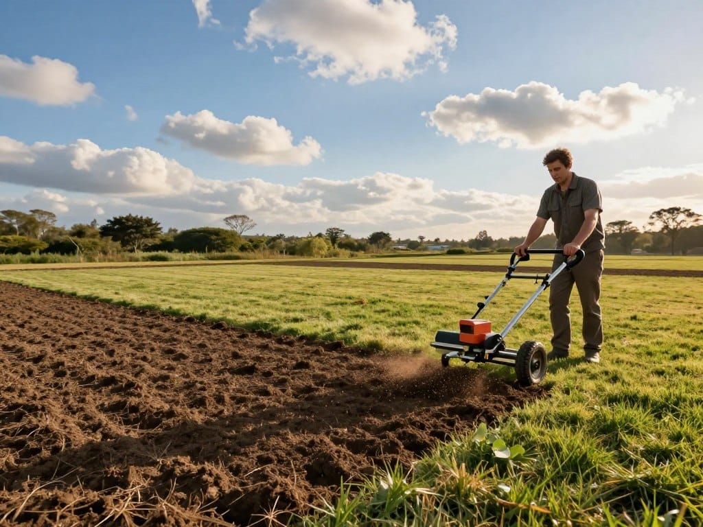 A serene landscape featuring an expansive lawn with bare patches of soil, showcasing the process of power seeding. In the foreground, a professional gardener dressed in modest casual clothing uses a power seeder, with seeds visibly flying out onto the ground. The middle ground displays freshly seeded areas, contrasting with green patches of grass, while the background includes a vibrant blue sky with soft white clouds and distant trees. The lighting is warm and inviting, suggesting a late afternoon sun, which creates gentle shadows enhancing the texture of the soil and grass. The overall mood is one of growth and rejuvenation, demonstrating the effectiveness of power seeding in revitalizing a lawn. A serene landscape featuring an expansive lawn with bare patches of soil, showcasing the process of power seeding. In the foreground, a professional gardener dressed in modest casual clothing uses a power seeder, with seeds visibly flying out onto the ground. The middle ground displays freshly seeded areas, contrasting with green patches of grass, while the background includes a vibrant blue sky with soft white clouds and distant trees. The lighting is warm and inviting, suggesting a late afternoon sun, which creates gentle shadows enhancing the texture of the soil and grass. The overall mood is one of growth and rejuvenation, demonstrating the effectiveness of power seeding in revitalizing a lawn.