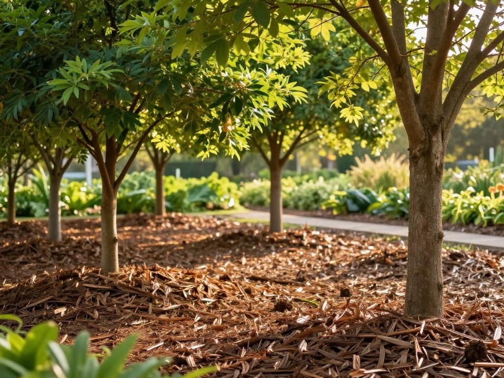 A serene landscape featuring healthy trees surrounded by fresh, neatly spread mulch, emphasizing the protective role of mulch in gardening. In the foreground, vibrant green foliage and rich brown mulch create a harmonious setting, showcasing the vibrant health of the trees. In the middle ground, a variety of trees with lush canopies filter soft sunlight, casting gentle shadows on the ground below. The background includes a blurred outline of a well-maintained garden bed, further enhancing the picturesque scene. The lighting is warm and inviting, suggesting early morning or late afternoon, creating a peaceful and nurturing atmosphere. The lens captures a slight depth of field to highlight the trees and mulch, evoking a sense of tranquility and care for nature. A serene landscape featuring healthy trees surrounded by fresh, neatly spread mulch, emphasizing the protective role of mulch in gardening. In the foreground, vibrant green foliage and rich brown mulch create a harmonious setting, showcasing the vibrant health of the trees. In the middle ground, a variety of trees with lush canopies filter soft sunlight, casting gentle shadows on the ground below. The background includes a blurred outline of a well-maintained garden bed, further enhancing the picturesque scene. The lighting is warm and inviting, suggesting early morning or late afternoon, creating a peaceful and nurturing atmosphere. The lens captures a slight depth of field to highlight the trees and mulch, evoking a sense of tranquility and care for nature.