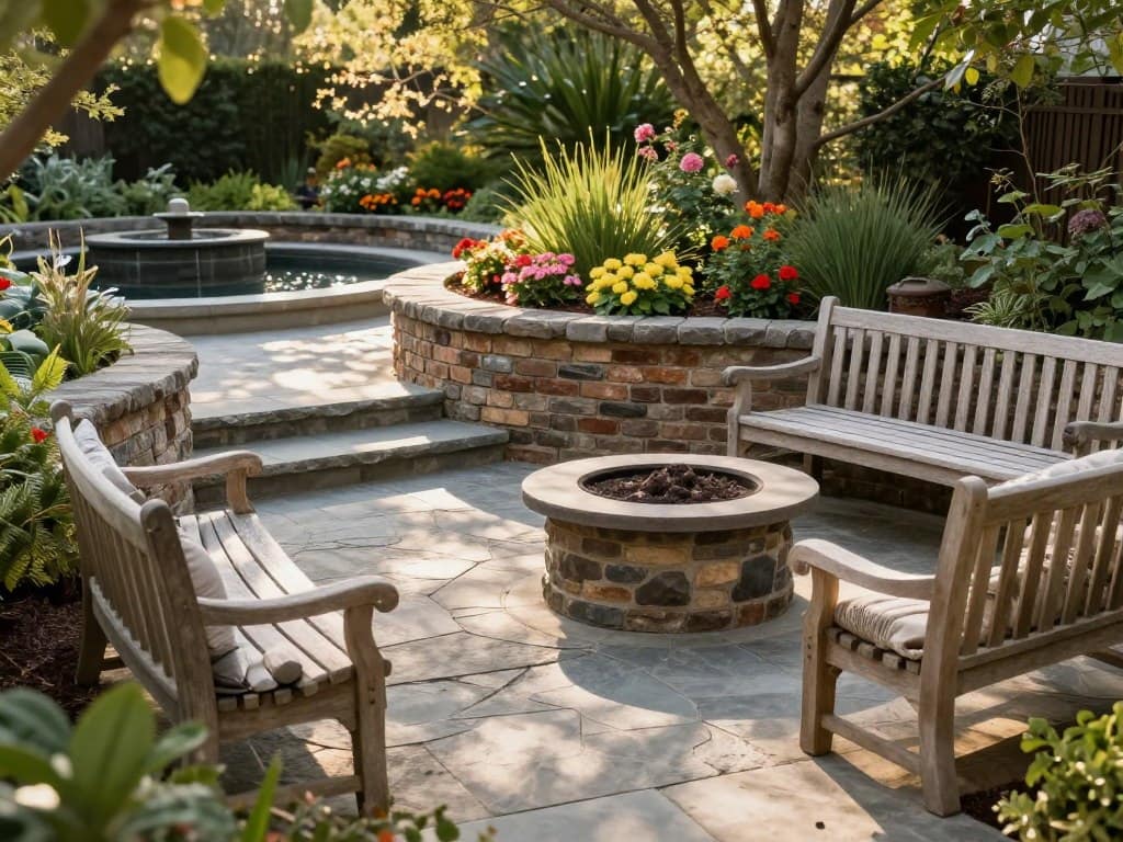 A serene outdoor space showcasing various hardscape elements, including a textured stone patio winding through a lush garden, framed by elegant wooden benches. In the foreground, distinct stone pavers lead to a central fire pit surrounded by comfortable seating, inviting relaxation. In the middle ground, a low, well-maintained retaining wall made of rustic bricks supports vibrant flowering plants, adding visual interest. The background features a tranquil water feature, like a small fountain, with soft sunlight filtering through the trees, casting gentle shadows. The atmosphere is peaceful and inviting, ideal for outdoor gatherings. Capture this scene from a slightly elevated angle to emphasize depth, with warm, natural lighting that enhances the colors and textures of the materials used in the hardscape. A serene outdoor space showcasing various hardscape elements, including a textured stone patio winding through a lush garden, framed by elegant wooden benches. In the foreground, distinct stone pavers lead to a central fire pit surrounded by comfortable seating, inviting relaxation. In the middle ground, a low, well-maintained retaining wall made of rustic bricks supports vibrant flowering plants, adding visual interest. The background features a tranquil water feature, like a small fountain, with soft sunlight filtering through the trees, casting gentle shadows. The atmosphere is peaceful and inviting, ideal for outdoor gatherings. Capture this scene from a slightly elevated angle to emphasize depth, with warm, natural lighting that enhances the colors and textures of the materials used in the hardscape.