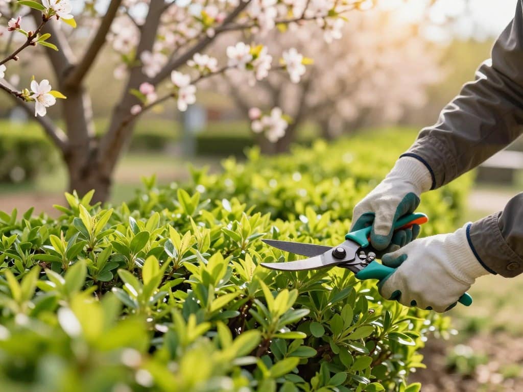 A serene spring garden scene focused on a close-up view of vibrant green shrubs being pruned. In the foreground, a skilled gardener in modest casual clothing, wearing gloves and holding pruning shears, carefully trims the bush, showcasing precise cuttings and healthy foliage. The middle ground features lush bushes with fresh leaves and delicate blossoms, emphasizing the beauty of spring growth. In the background, soft sunlight filters through blossoming trees, casting gentle light and shadows, creating an inviting and warm atmosphere. The image captures the essence of spring's rejuvenation, highlighting the importance of timing in shrub pruning with bright, vivid colors and a depth of field that draws the viewer's eye to the act of pruning. A serene spring garden scene focused on a close-up view of vibrant green shrubs being pruned. In the foreground, a skilled gardener in modest casual clothing, wearing gloves and holding pruning shears, carefully trims the bush, showcasing precise cuttings and healthy foliage. The middle ground features lush bushes with fresh leaves and delicate blossoms, emphasizing the beauty of spring growth. In the background, soft sunlight filters through blossoming trees, casting gentle light and shadows, creating an inviting and warm atmosphere. The image captures the essence of spring's rejuvenation, highlighting the importance of timing in shrub pruning with bright, vivid colors and a depth of field that draws the viewer's eye to the act of pruning.