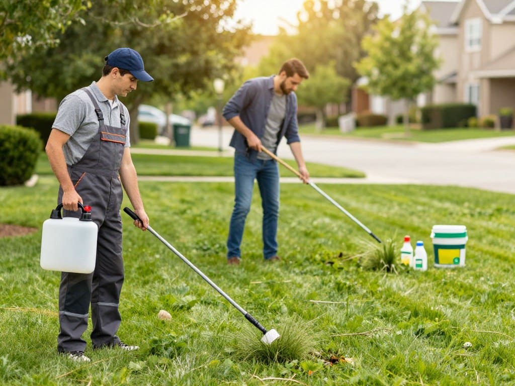 A serene suburban lawn scene, showing a split view of two contrasting approaches to weed control. In the foreground, a professional landscaper in a smart uniform meticulously applying eco-friendly weed control with precision tools. In the middle, a frustrated homeowner in casual attire attempting to manage an overgrown lawn with ineffective DIY products scattered around, highlighting the difficulty of the task. The background features a lush green landscape with a hint of an urban setting, illuminated by soft afternoon sunlight filtering through the trees, creating a warm, inviting atmosphere. The scene conveys a subtle tension between professional expertise and the challenges of DIY efforts, capturing the essence of time, money, and results in lawn maintenance. A serene suburban lawn scene, showing a split view of two contrasting approaches to weed control. In the foreground, a professional landscaper in a smart uniform meticulously applying eco-friendly weed control with precision tools. In the middle, a frustrated homeowner in casual attire attempting to manage an overgrown lawn with ineffective DIY products scattered around, highlighting the difficulty of the task. The background features a lush green landscape with a hint of an urban setting, illuminated by soft afternoon sunlight filtering through the trees, creating a warm, inviting atmosphere. The scene conveys a subtle tension between professional expertise and the challenges of DIY efforts, capturing the essence of time, money, and results in lawn maintenance.