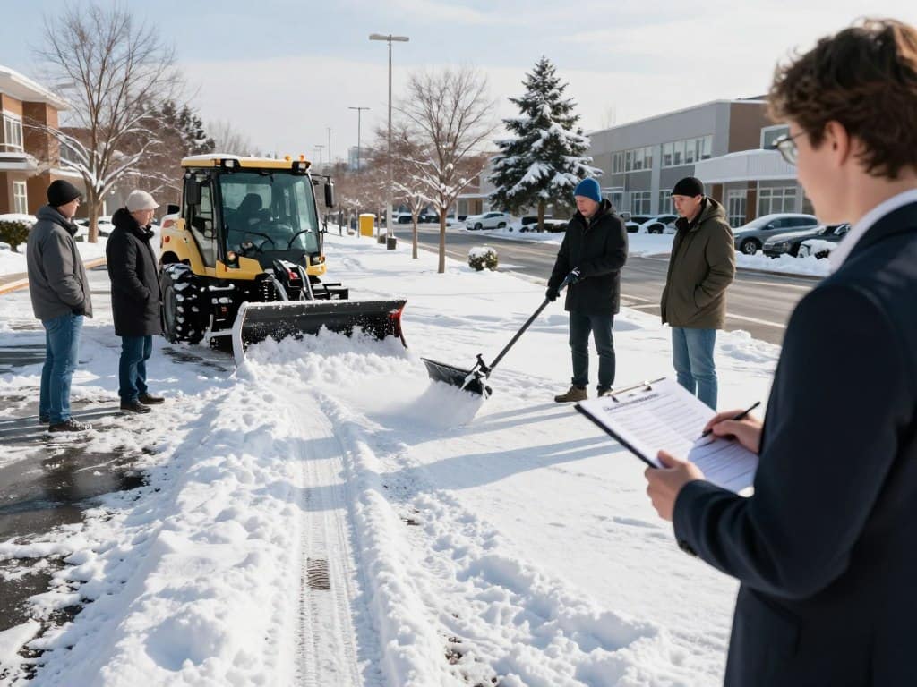 A snow-covered business parking lot in a suburban area during daylight, showcasing a team of professionals dressed in smart winter attire, inspecting the area for winter safety hazards. In the foreground, a business representative holds a clipboard with a snow management checklist, emphasizing safety protocols. The middle ground features a snowplow clearing the path while salt is being spread to prevent ice formation. In the background, a serene urban landscape with snow-laden trees and well-maintained sidewalks enhances the scene. The lighting is bright and clear, capturing the crispness of a winter day, with a slight blue tint reflecting the cold atmosphere. The overall mood conveys responsibility and diligence in maintaining safety during winter conditions. A snow-covered business parking lot in a suburban area during daylight, showcasing a team of professionals dressed in smart winter attire, inspecting the area for winter safety hazards. In the foreground, a business representative holds a clipboard with a snow management checklist, emphasizing safety protocols. The middle ground features a snowplow clearing the path while salt is being spread to prevent ice formation. In the background, a serene urban landscape with snow-laden trees and well-maintained sidewalks enhances the scene. The lighting is bright and clear, capturing the crispness of a winter day, with a slight blue tint reflecting the cold atmosphere. The overall mood conveys responsibility and diligence in maintaining safety during winter conditions.