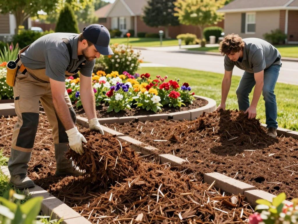 A split scene illustrating the benefits of professional service versus DIY for mulch installation and bed edging. In the foreground, on the left, a diligent, skilled landscaper dressed in professional work attire is carefully laying down fresh mulch, highlighting expertise and precision. On the right, a frustrated individual in casual clothing struggles with improperly installed mulch and uneven bed edging. In the middle ground, vibrant flower beds and neatly edged gardens contrast the chaotic DIY attempts. The background features a sunny suburban setting, with greenery and well-kept lawns, bathed in warm, natural lighting. Capture a sense of professionalism and satisfaction versus confusion and dissatisfaction, using a slightly elevated perspective to convey depth and clarity in the comparison. A split scene illustrating the benefits of professional service versus DIY for mulch installation and bed edging. In the foreground, on the left, a diligent, skilled landscaper dressed in professional work attire is carefully laying down fresh mulch, highlighting expertise and precision. On the right, a frustrated individual in casual clothing struggles with improperly installed mulch and uneven bed edging. In the middle ground, vibrant flower beds and neatly edged gardens contrast the chaotic DIY attempts. The background features a sunny suburban setting, with greenery and well-kept lawns, bathed in warm, natural lighting. Capture a sense of professionalism and satisfaction versus confusion and dissatisfaction, using a slightly elevated perspective to convey depth and clarity in the comparison.
