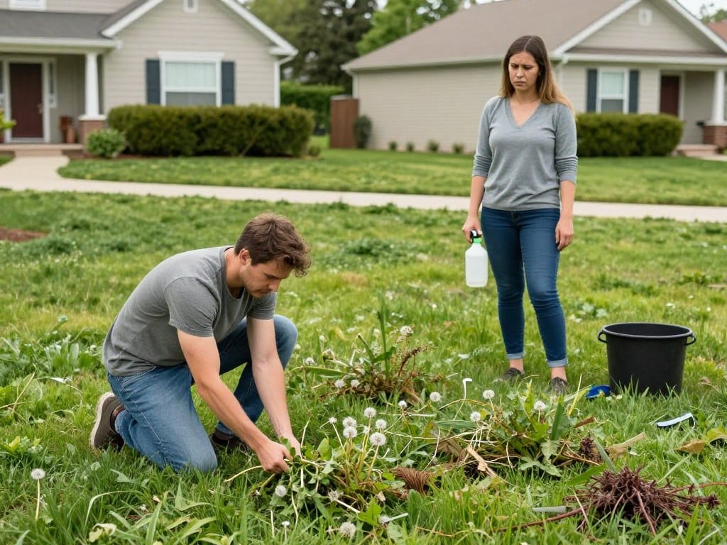 A suburban lawn in Dyer, featuring homeowners in casual clothing, visibly frustrated as they attempt to manage excessive weeds. In the foreground, one person kneels on the grass, pulling at stubborn dandelions, while another stands beside them, holding a spray bottle with a puzzled expression. The middle ground shows patches of vibrant green grass mingled with unsightly patches of stubborn weeds. In the background, traditional suburban houses and neatly trimmed hedges create a peaceful setting that contrasts with the chaos of the homeowners' lawn struggle. Soft, natural lighting enhances the realism, and the scene is captured at eye-level to emphasize the homeowners’ efforts and emotions. The overall mood reflects determination and the challenges of DIY lawn care. A suburban lawn in Dyer, featuring homeowners in casual clothing, visibly frustrated as they attempt to manage excessive weeds. In the foreground, one person kneels on the grass, pulling at stubborn dandelions, while another stands beside them, holding a spray bottle with a puzzled expression. The middle ground shows patches of vibrant green grass mingled with unsightly patches of stubborn weeds. In the background, traditional suburban houses and neatly trimmed hedges create a peaceful setting that contrasts with the chaos of the homeowners' lawn struggle. Soft, natural lighting enhances the realism, and the scene is captured at eye-level to emphasize the homeowners’ efforts and emotions. The overall mood reflects determination and the challenges of DIY lawn care.