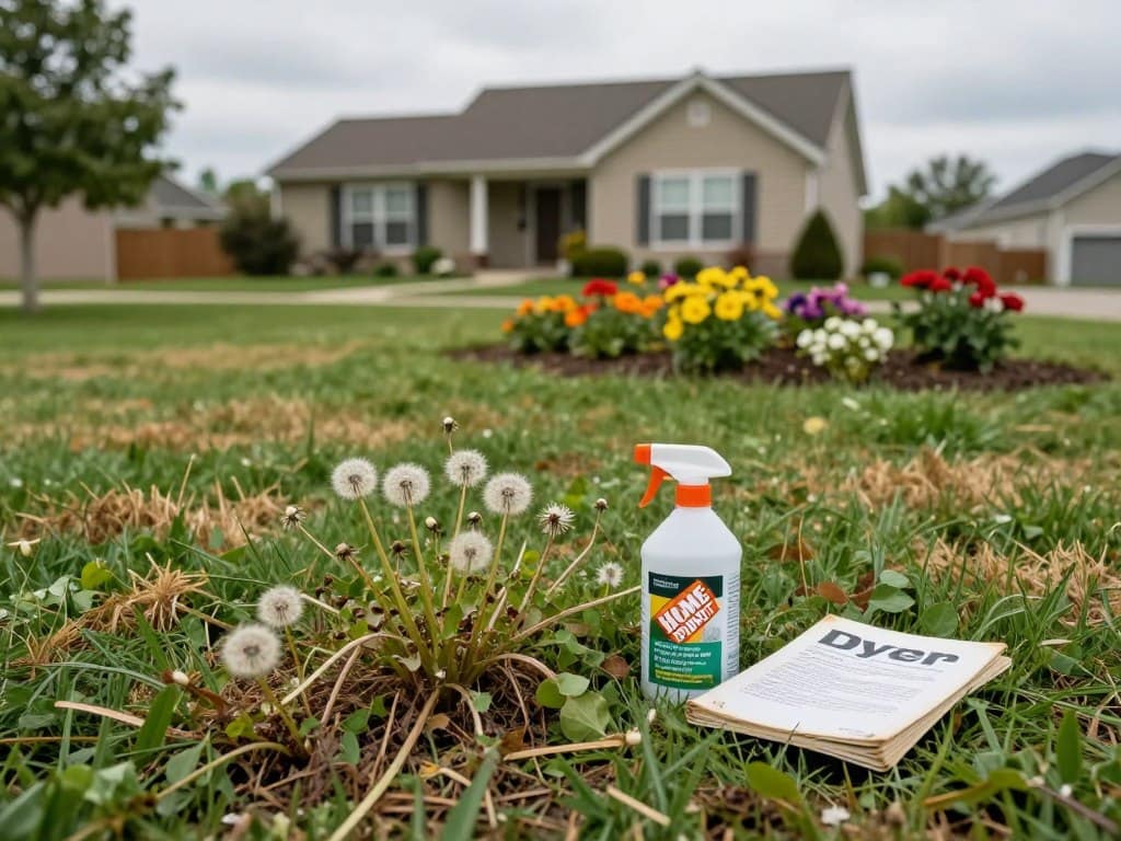 A suburban lawn in Dyer showcasing the failure of DIY weed control products from Home Depot. In the foreground, patches of discolored grass and dandelions thrive uncontrollably, while a half-empty bottle of weed killer sits neglected beside a worn-out lawn care manual. The middle ground features a small, tidy flower bed with vibrant blooms, contrasting sharply against the overgrown weeds. In the background, a modest suburban home under a cloudy sky suggests an unkempt garden. The lighting is soft and diffused, mimicking a typical overcast day, creating a somber atmosphere that emphasizes the struggle between manicured lawns and persistent weeds. A shallow depth of field focuses on the forefront details, while the house slightly blurs in the background. A suburban lawn in Dyer showcasing the failure of DIY weed control products from Home Depot. In the foreground, patches of discolored grass and dandelions thrive uncontrollably, while a half-empty bottle of weed killer sits neglected beside a worn-out lawn care manual. The middle ground features a small, tidy flower bed with vibrant blooms, contrasting sharply against the overgrown weeds. In the background, a modest suburban home under a cloudy sky suggests an unkempt garden. The lighting is soft and diffused, mimicking a typical overcast day, creating a somber atmosphere that emphasizes the struggle between manicured lawns and persistent weeds. A shallow depth of field focuses on the forefront details, while the house slightly blurs in the background.