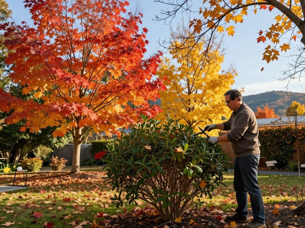 A tranquil autumn scene depicting a homeowner expertly pruning trees and shrubs in a backyard filled with vibrant fall foliage. In the foreground, a middle-aged man dressed in modest casual clothing, wearing gloves and safety glasses, carefully trims a bush with pruning shears. The middle ground showcases various trees with colorful leaves ranging from fiery red to golden yellow, some leaves gently falling to the ground. In the background, a clear blue sky and distant hills provide depth, enhancing the serene atmosphere. Soft warm sunlight filters through the branches, casting gentle shadows, and creating a peaceful autumn mood. The composition is inviting, reflecting the satisfying and productive nature of fall garden maintenance, all captured from a slightly lower angle to emphasize the task at hand. A tranquil autumn scene depicting a homeowner expertly pruning trees and shrubs in a backyard filled with vibrant fall foliage. In the foreground, a middle-aged man dressed in modest casual clothing, wearing gloves and safety glasses, carefully trims a bush with pruning shears. The middle ground showcases various trees with colorful leaves ranging from fiery red to golden yellow, some leaves gently falling to the ground. In the background, a clear blue sky and distant hills provide depth, enhancing the serene atmosphere. Soft warm sunlight filters through the branches, casting gentle shadows, and creating a peaceful autumn mood. The composition is inviting, reflecting the satisfying and productive nature of fall garden maintenance, all captured from a slightly lower angle to emphasize the task at hand.