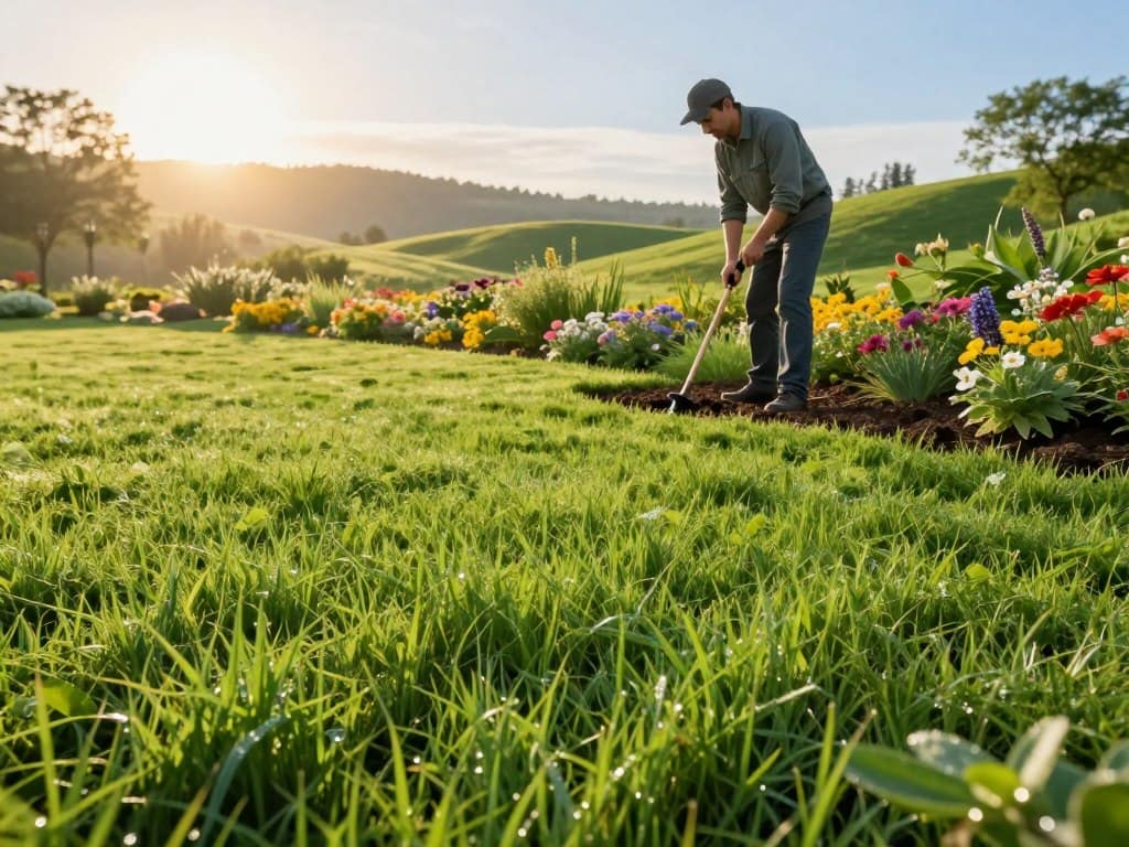 A verdant landscape at sunrise, depicting the ideal time of year for power seeding success. In the foreground, a lush, healthy green lawn with freshly sprouted grass blades glistening with dew. The middle ground features a professional landscape engineer wearing smart casual clothing, carefully checking soil conditions with a soil probe. Surrounding them, a variety of blooming wildflowers in vibrant colors indicate the seasonal shift. In the background, rolling hills bathed in soft, golden light, with hints of trees and a clear blue sky. The scene evokes a mood of freshness and optimism, symbolizing new growth and the promise of a thriving lawn. The lighting is warm and soft, casting gentle shadows to enhance the depth of the image. A verdant landscape at sunrise, depicting the ideal time of year for power seeding success. In the foreground, a lush, healthy green lawn with freshly sprouted grass blades glistening with dew. The middle ground features a professional landscape engineer wearing smart casual clothing, carefully checking soil conditions with a soil probe. Surrounding them, a variety of blooming wildflowers in vibrant colors indicate the seasonal shift. In the background, rolling hills bathed in soft, golden light, with hints of trees and a clear blue sky. The scene evokes a mood of freshness and optimism, symbolizing new growth and the promise of a thriving lawn. The lighting is warm and soft, casting gentle shadows to enhance the depth of the image.