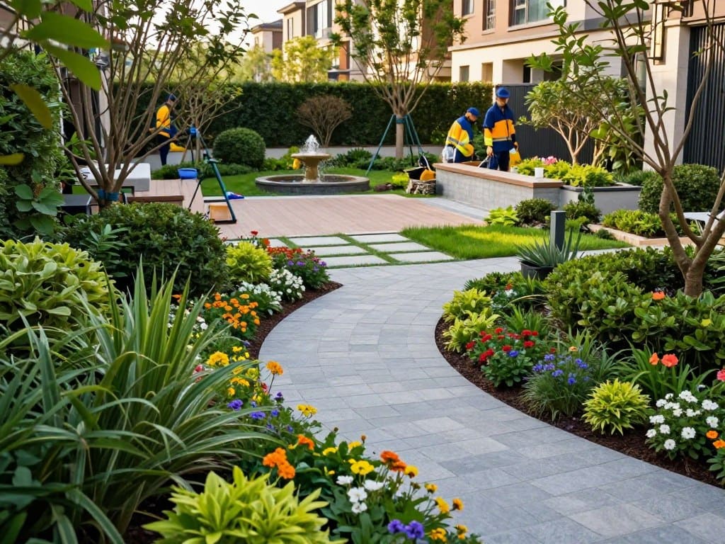 A vibrant and engaging landscaping scene showcasing diverse residential and commercial yard projects. In the foreground, a beautifully manicured garden with a mix of ornamental plants and colorful flowers, featuring an inviting stone pathway. The middle ground highlights a well-designed yard with a modern patio complemented by lush greenery and decorative trees, where skilled landscapers in professional attire are at work. The background captures a commercial property with an impressive landscape that includes an elegant fountain and well-maintained hedges. The scene is bathed in soft, warm sunlight, casting gentle shadows that enhance the textures of the plants and paths. The overall mood is cheerful and inviting, embodying the beauty of expert landscape installation. A vibrant and engaging landscaping scene showcasing diverse residential and commercial yard projects. In the foreground, a beautifully manicured garden with a mix of ornamental plants and colorful flowers, featuring an inviting stone pathway. The middle ground highlights a well-designed yard with a modern patio complemented by lush greenery and decorative trees, where skilled landscapers in professional attire are at work. The background captures a commercial property with an impressive landscape that includes an elegant fountain and well-maintained hedges. The scene is bathed in soft, warm sunlight, casting gentle shadows that enhance the textures of the plants and paths. The overall mood is cheerful and inviting, embodying the beauty of expert landscape installation.