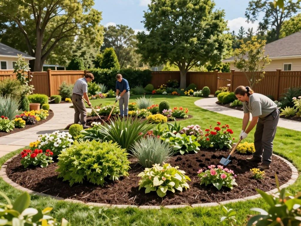 A vibrant and well-maintained landscape showcasing professional landscaping services. In the foreground, a team of two landscapers in modest, professional work attire is planting colorful flower beds while using high-quality gardening tools. The middle ground features an intricately designed softscape with lush greenery, decorative bushes, and fresh mulch, creating a harmonious and inviting atmosphere. In the background, a beautifully manicured lawn transitions into an elegant path made of natural stone, leading to a quaint wooden fence and a backdrop of tall, healthy trees under a bright blue sky. The scene is bathed in warm sunlight, highlighting the rich colors of the plants and enhancing the idyllic setting. The overall mood is one of professionalism and tranquility, ideal for illustrating the benefits of expert landscape installation services. A vibrant and well-maintained landscape showcasing professional landscaping services. In the foreground, a team of two landscapers in modest, professional work attire is planting colorful flower beds while using high-quality gardening tools. The middle ground features an intricately designed softscape with lush greenery, decorative bushes, and fresh mulch, creating a harmonious and inviting atmosphere. In the background, a beautifully manicured lawn transitions into an elegant path made of natural stone, leading to a quaint wooden fence and a backdrop of tall, healthy trees under a bright blue sky. The scene is bathed in warm sunlight, highlighting the rich colors of the plants and enhancing the idyllic setting. The overall mood is one of professionalism and tranquility, ideal for illustrating the benefits of expert landscape installation services.