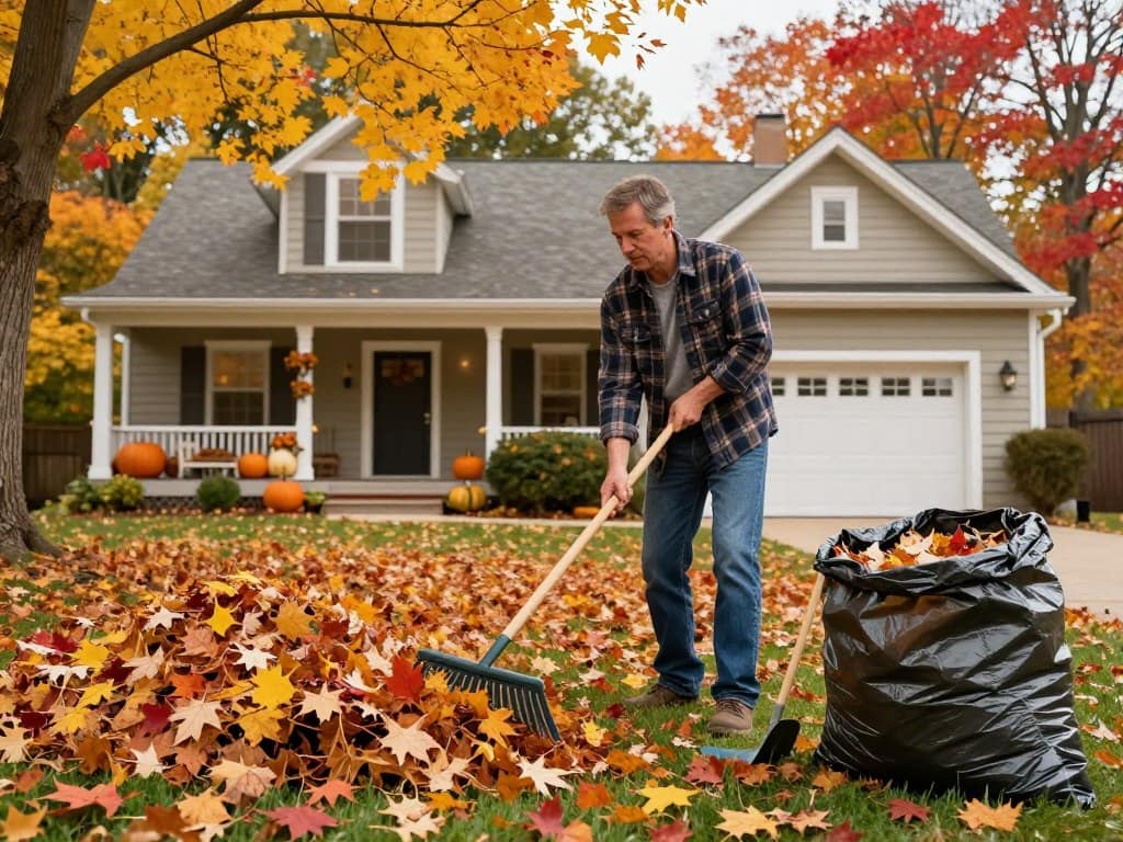 A vibrant autumn scene depicting a homeowner engaged in thorough fall cleanup activities around a cozy family home. In the foreground, a middle-aged individual, dressed in a flannel shirt and jeans, is raking colorful fallen leaves into a neat pile. Various gardening tools like a rake and a large trash bag filled with debris are spread out nearby. In the middle ground, the well-maintained home features seasonal decorations such as pumpkins on the porch. The background showcases trees adorned with golden and crimson leaves, under soft natural lighting that creates a warm and inviting atmosphere. The scene conveys a sense of diligence and care, emphasizing the importance of maintaining a healthy home environment during the fall season. A vibrant autumn scene depicting a homeowner engaged in thorough fall cleanup activities around a cozy family home. In the foreground, a middle-aged individual, dressed in a flannel shirt and jeans, is raking colorful fallen leaves into a neat pile. Various gardening tools like a rake and a large trash bag filled with debris are spread out nearby. In the middle ground, the well-maintained home features seasonal decorations such as pumpkins on the porch. The background showcases trees adorned with golden and crimson leaves, under soft natural lighting that creates a warm and inviting atmosphere. The scene conveys a sense of diligence and care, emphasizing the importance of maintaining a healthy home environment during the fall season.