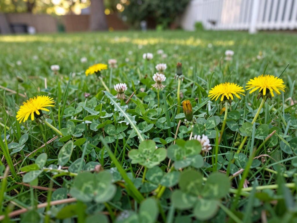 A vibrant, close-up view of a diverse array of common weeds found in a Dyer lawn, including dandelions, clover, and crabgrass. The foreground showcases detailed, lush green leaves, with a few blooming yellow dandelion flowers, emphasizing the texture and color variations. In the middle ground, clusters of clover leaves spread out, contrasting with the spiky crabgrass. The background features a blurred, soft-focus image of a typical residential lawn setting, with hints of a white picket fence and gentle sunlight filtering through trees, creating a warm and inviting atmosphere. The lighting is soft and natural, evoking a sense of calm in the garden. The composition captures the uniqueness of each weed type while highlighting their impact on lawn aesthetics. A vibrant, close-up view of a diverse array of common weeds found in a Dyer lawn, including dandelions, clover, and crabgrass. The foreground showcases detailed, lush green leaves, with a few blooming yellow dandelion flowers, emphasizing the texture and color variations. In the middle ground, clusters of clover leaves spread out, contrasting with the spiky crabgrass. The background features a blurred, soft-focus image of a typical residential lawn setting, with hints of a white picket fence and gentle sunlight filtering through trees, creating a warm and inviting atmosphere. The lighting is soft and natural, evoking a sense of calm in the garden. The composition captures the uniqueness of each weed type while highlighting their impact on lawn aesthetics.