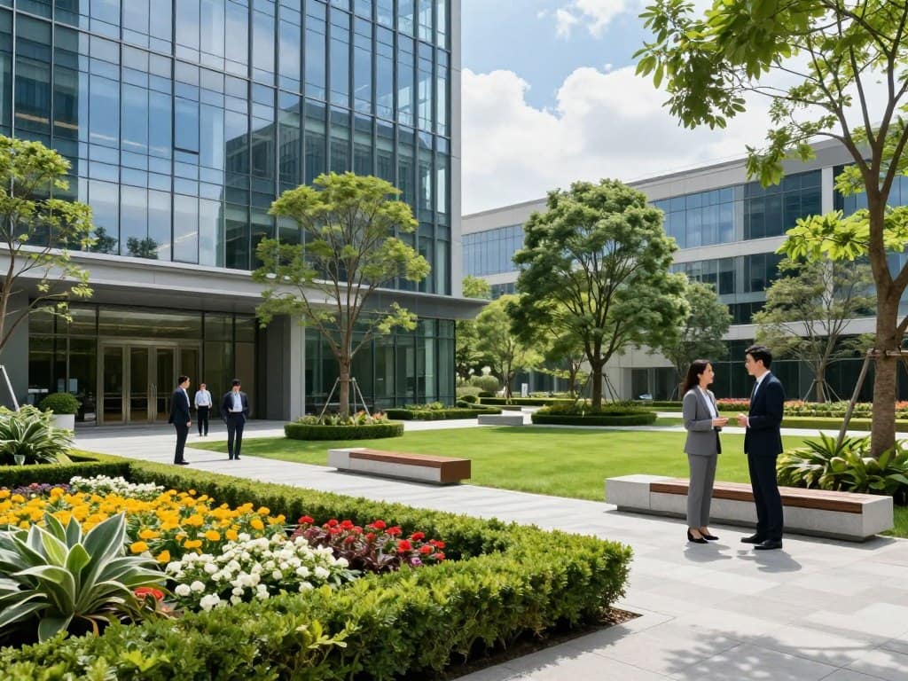 A vibrant commercial landscape design showcasing a modern office complex. In the foreground, neatly trimmed hedges and colorful flower beds surround a spacious entrance, flanked by elegant, professional businesspeople in smart attire conversing. The middle ground features a well-maintained lawn and strategically placed ornamental trees providing shade. Pathways made of natural stone lead to seating areas with contemporary benches. The background reveals the sleek glass facade of the office building reflecting the blue sky, with scattered clouds enhancing the atmosphere. Soft natural lighting illuminates the scene, highlighting the lush greenery and inviting ambiance. The angle captures a balanced view, emphasizing both the landscaping and the modern architecture, creating a professional yet welcoming feel. A vibrant commercial landscape design showcasing a modern office complex. In the foreground, neatly trimmed hedges and colorful flower beds surround a spacious entrance, flanked by elegant, professional businesspeople in smart attire conversing. The middle ground features a well-maintained lawn and strategically placed ornamental trees providing shade. Pathways made of natural stone lead to seating areas with contemporary benches. The background reveals the sleek glass facade of the office building reflecting the blue sky, with scattered clouds enhancing the atmosphere. Soft natural lighting illuminates the scene, highlighting the lush greenery and inviting ambiance. The angle captures a balanced view, emphasizing both the landscaping and the modern architecture, creating a professional yet welcoming feel.