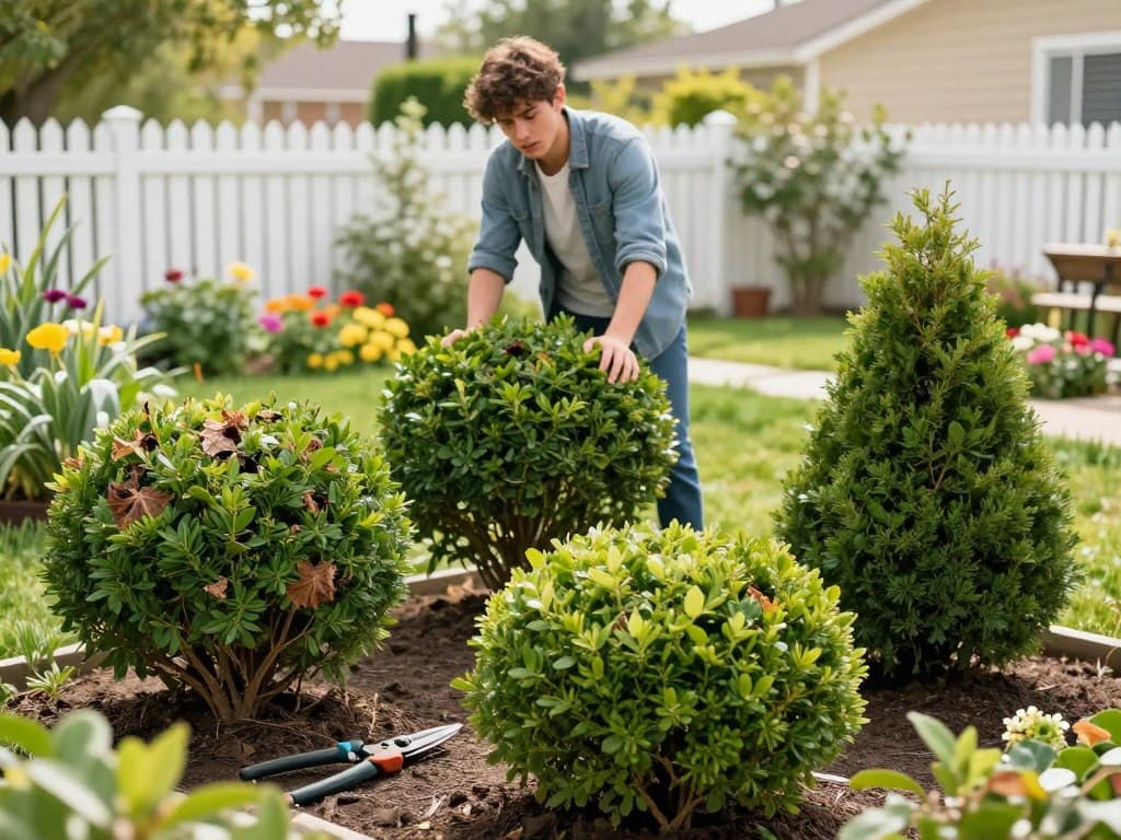 A vibrant garden scene showcasing common bush trimming mistakes. In the foreground, a variety of improperly trimmed bushes—some over-trimmed, leaving bare patches, others unevenly shaped and misshapen. A pair of garden shears, carelessly discarded, hints at the mishaps. In the middle ground, a novice gardener, dressed in modest casual clothing, struggles with a bush, looking puzzled and slightly frustrated. The background features a sunny suburban landscape, with white picket fences and colorful flowers, creating a cheerful atmosphere. Soft, natural lighting enhances the feeling of a warm, inviting day. The camera angle is slightly elevated, providing a comprehensive view of the scene while emphasizing the importance of proper trimming techniques. A vibrant garden scene showcasing common bush trimming mistakes. In the foreground, a variety of improperly trimmed bushes—some over-trimmed, leaving bare patches, others unevenly shaped and misshapen. A pair of garden shears, carelessly discarded, hints at the mishaps. In the middle ground, a novice gardener, dressed in modest casual clothing, struggles with a bush, looking puzzled and slightly frustrated. The background features a sunny suburban landscape, with white picket fences and colorful flowers, creating a cheerful atmosphere. Soft, natural lighting enhances the feeling of a warm, inviting day. The camera angle is slightly elevated, providing a comprehensive view of the scene while emphasizing the importance of proper trimming techniques.