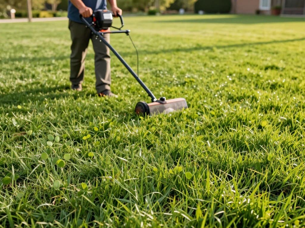 A vibrant, healthy lawn benefits from power seeding. In the foreground, a close-up view of fresh, green grass blades, some interspersed with newly sprouted seedlings, illustrating rejuvenation. In the middle ground, a professional gardener in modest casual attire uses a power seeder, focusing intently on the task. Behind them, a lush lawn stretches out, demonstrating the contrast between thick, green patches and areas needing revitalization. Soft, warm sunlight filters through, creating dynamic shadows and highlighting texture in the grass. The mood conveys a sense of growth and renewal, emphasizing the transformative power of power seeding for a thriving lawn ecosystem. The angle captures both the gardener and the expansive lawn, fostering a feeling of optimism for a healthier landscape. A vibrant, healthy lawn benefits from power seeding. In the foreground, a close-up view of fresh, green grass blades, some interspersed with newly sprouted seedlings, illustrating rejuvenation. In the middle ground, a professional gardener in modest casual attire uses a power seeder, focusing intently on the task. Behind them, a lush lawn stretches out, demonstrating the contrast between thick, green patches and areas needing revitalization. Soft, warm sunlight filters through, creating dynamic shadows and highlighting texture in the grass. The mood conveys a sense of growth and renewal, emphasizing the transformative power of power seeding for a thriving lawn ecosystem. The angle captures both the gardener and the expansive lawn, fostering a feeling of optimism for a healthier landscape.