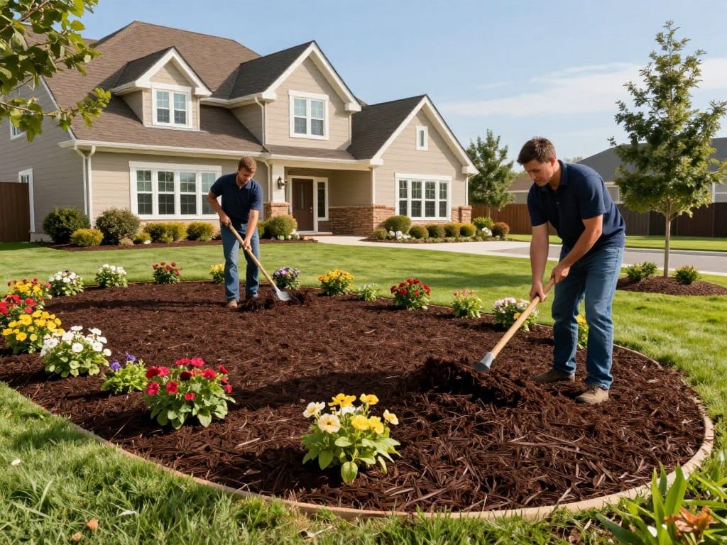 A vibrant landscape showcasing professional mulching services. In the foreground, a team of two landscapers, dressed in smart casual clothing, is actively installing rich, dark mulch in a well-manicured garden bed filled with colorful flowering plants. In the middle ground, precise bed edging complements the fresh mulch, enhancing the garden's neat appearance. The background features a charming suburban home with a welcoming facade, lush green grass, and a clear blue sky, adding to the scene's warmth. The sunlight casts a soft glow, highlighting the textures of the mulch and foliage. The overall atmosphere exudes professionalism and care, emphasizing the enhancement of curb appeal and property value through meticulous landscaping. A vibrant landscape showcasing professional mulching services. In the foreground, a team of two landscapers, dressed in smart casual clothing, is actively installing rich, dark mulch in a well-manicured garden bed filled with colorful flowering plants. In the middle ground, precise bed edging complements the fresh mulch, enhancing the garden's neat appearance. The background features a charming suburban home with a welcoming facade, lush green grass, and a clear blue sky, adding to the scene's warmth. The sunlight casts a soft glow, highlighting the textures of the mulch and foliage. The overall atmosphere exudes professionalism and care, emphasizing the enhancement of curb appeal and property value through meticulous landscaping.