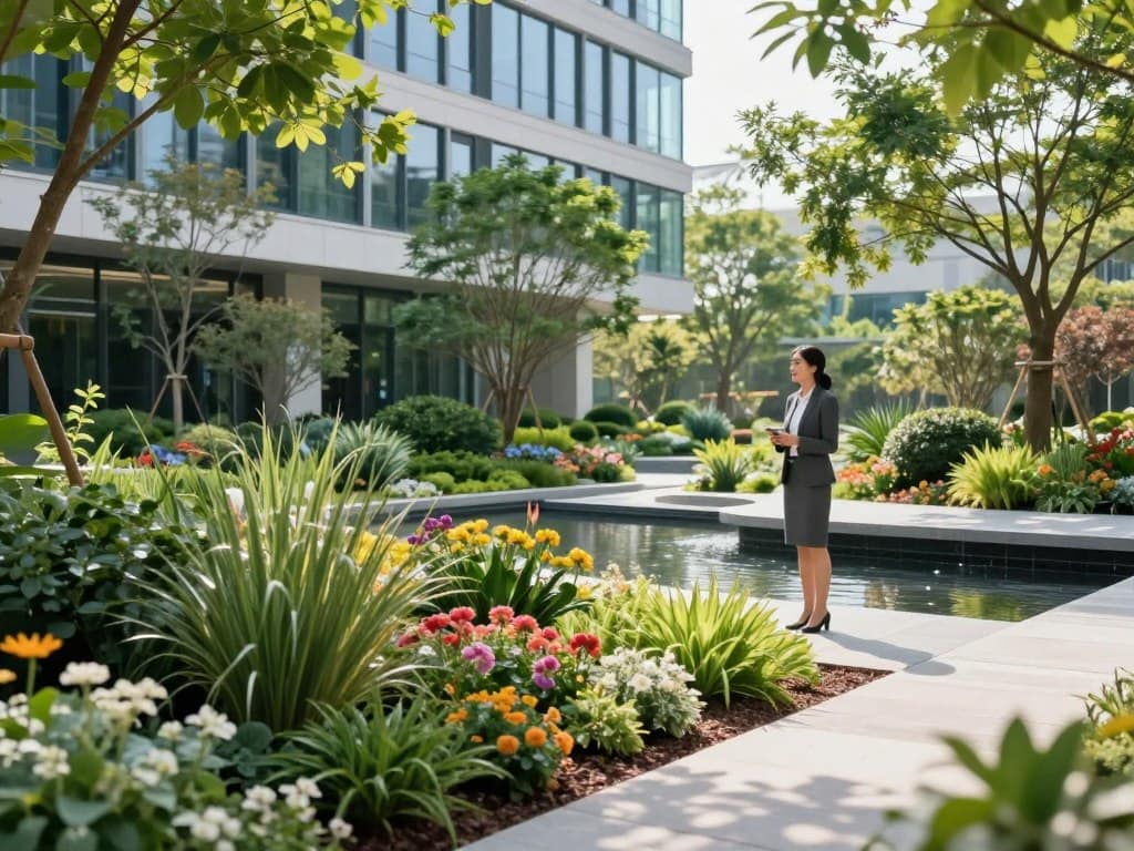A vibrant, lush commercial landscape showcasing the environmental benefits of landscaping for businesses. In the foreground, a well-maintained garden with colorful flowers and native plants, leading to a small water feature that reflects the surrounding greenery. In the middle ground, a professional businesswoman in business attire inspects the landscape, highlighting the human element of investment in nature. In the background, a modern office building framed by thriving trees and shrubs, showing a harmonious blend of architecture and nature. Soft, natural lighting filters through the leaves, creating dappled patterns on the ground, enhancing the serene atmosphere. The angle captures the expanse of the well-designed space, inviting viewers to appreciate the balance of beauty and sustainability. A vibrant, lush commercial landscape showcasing the environmental benefits of landscaping for businesses. In the foreground, a well-maintained garden with colorful flowers and native plants, leading to a small water feature that reflects the surrounding greenery. In the middle ground, a professional businesswoman in business attire inspects the landscape, highlighting the human element of investment in nature. In the background, a modern office building framed by thriving trees and shrubs, showing a harmonious blend of architecture and nature. Soft, natural lighting filters through the leaves, creating dappled patterns on the ground, enhancing the serene atmosphere. The angle captures the expanse of the well-designed space, inviting viewers to appreciate the balance of beauty and sustainability.