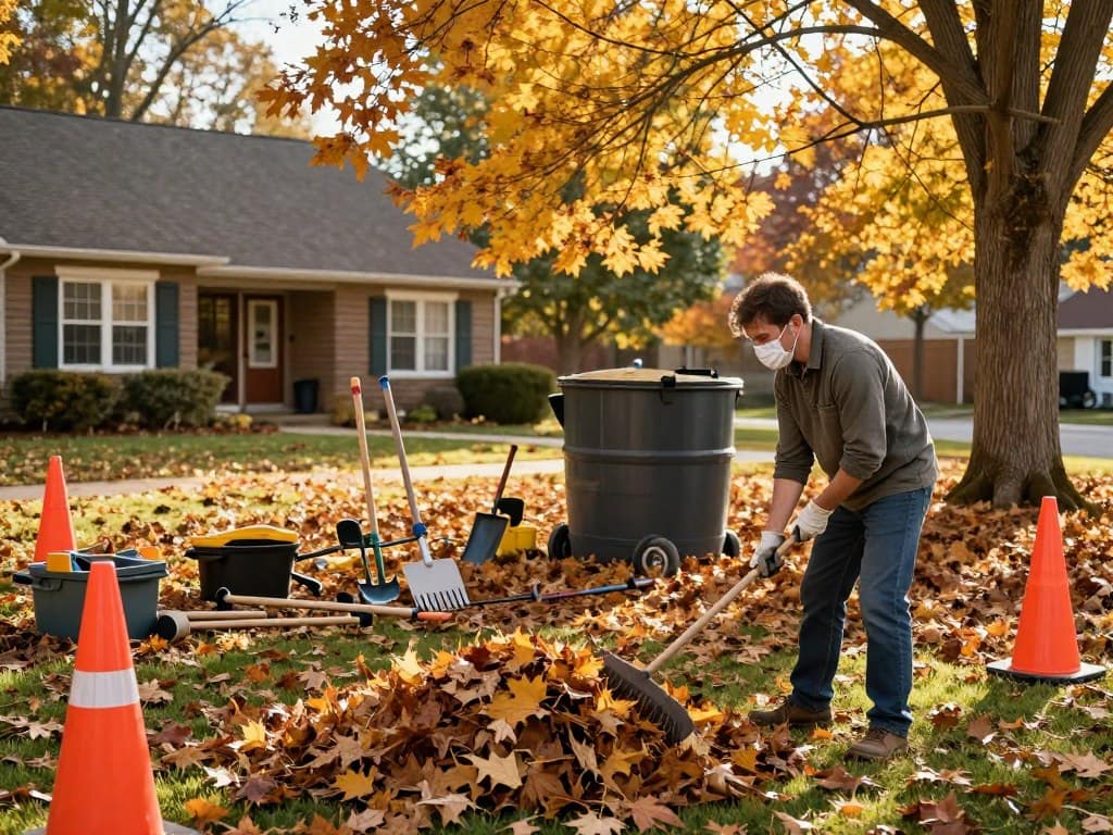 A well-organized fall yard cleanup scene showcasing essential safety tasks. In the foreground, a homeowner in modest casual clothing, wearing gloves and a safety mask, is raking leaves into a pile. Nearby, bright orange safety cones are placed around the work area. The middle ground features a variety of autumn leaves, gardening tools, and a sturdy compost bin. In the background, a cozy suburban house is surrounded by trees with vibrant fall foliage, casting a warm golden light through the leaves. The scene is illuminated by soft afternoon sunlight, creating a calm and productive atmosphere, shot at a slight angle to capture depth and activity. A well-organized fall yard cleanup scene showcasing essential safety tasks. In the foreground, a homeowner in modest casual clothing, wearing gloves and a safety mask, is raking leaves into a pile. Nearby, bright orange safety cones are placed around the work area. The middle ground features a variety of autumn leaves, gardening tools, and a sturdy compost bin. In the background, a cozy suburban house is surrounded by trees with vibrant fall foliage, casting a warm golden light through the leaves. The scene is illuminated by soft afternoon sunlight, creating a calm and productive atmosphere, shot at a slight angle to capture depth and activity.