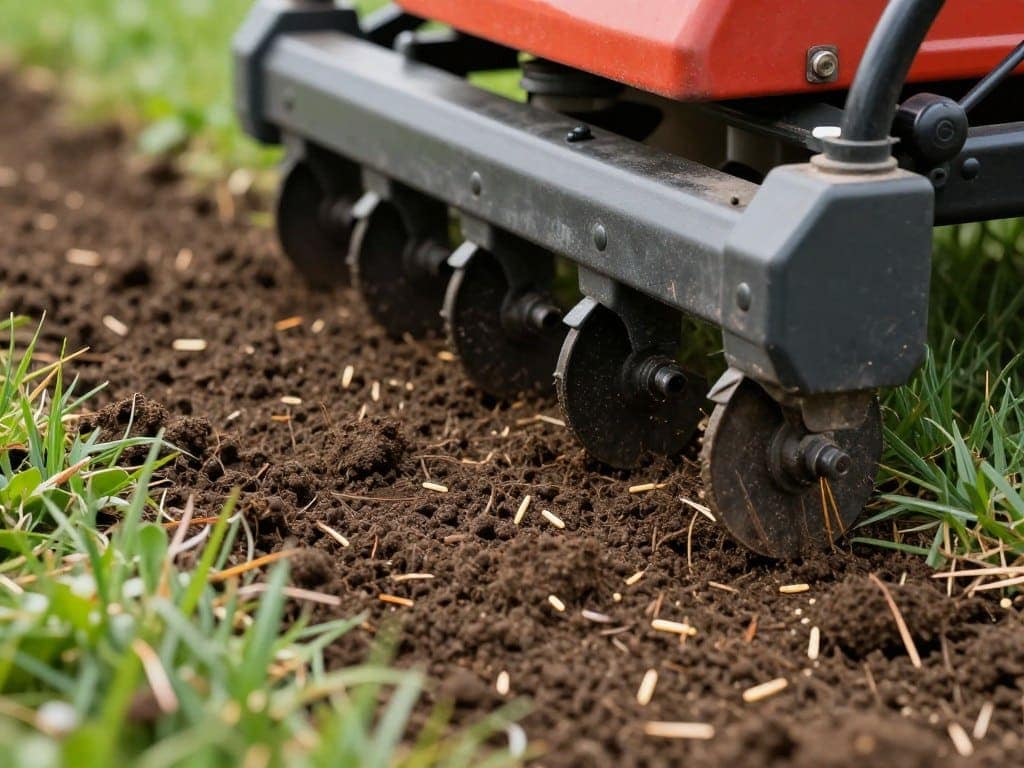 Close-up view of power seeding process showing seed placement in soil grooves Close-up view of turf power seeding process showing seed placement in soil grooves