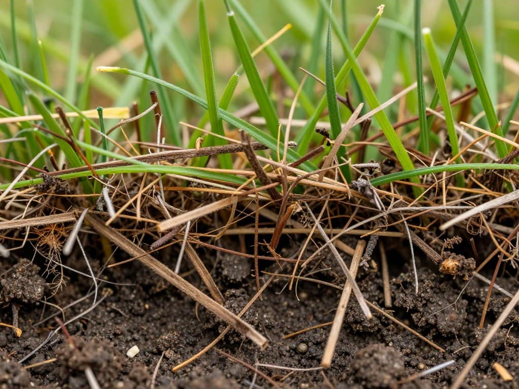 Close-up view of thatch layer in grass showing thick brown debris between grass blades and soil Close-up view of thatch layer in grass showing thick brown debris between grass blades and soil