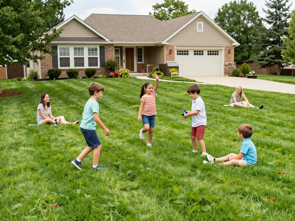 Happy Dyer family enjoying their beautiful healthy lawn after C&T Lawn and Landscape services Happy Dyer family enjoying their beautiful healthy lawn after C&T Lawn and Landscape services