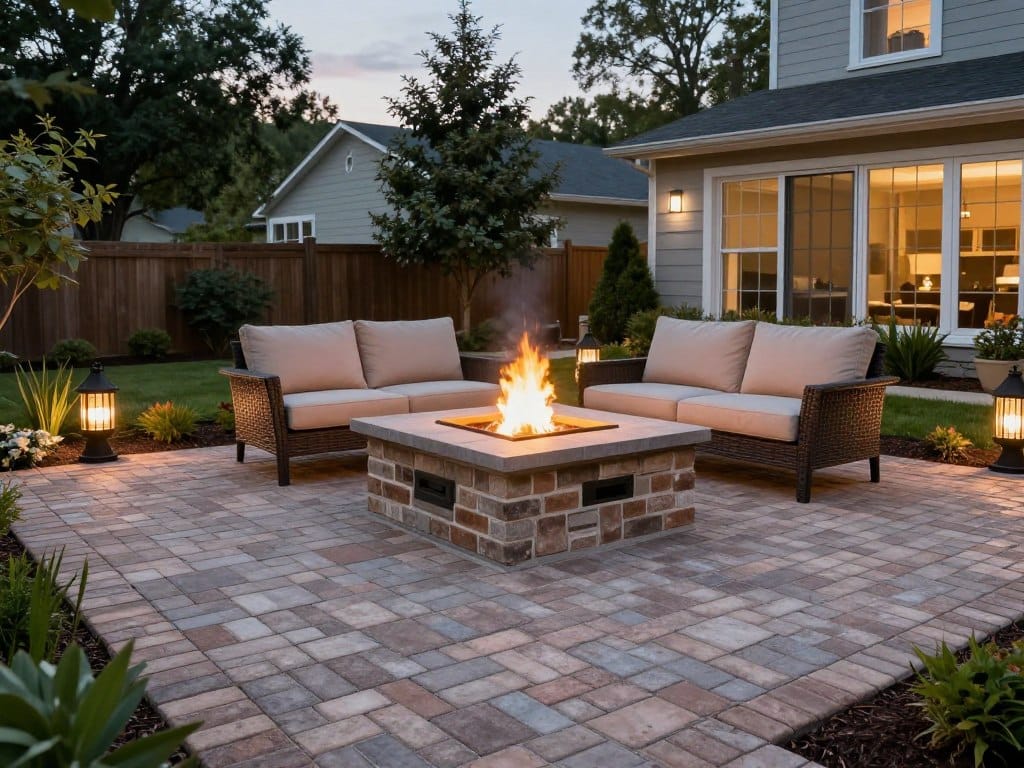 Beautiful brick patio with fire pit installation in backyard Beautiful brick patio with fire pit installation in backyard