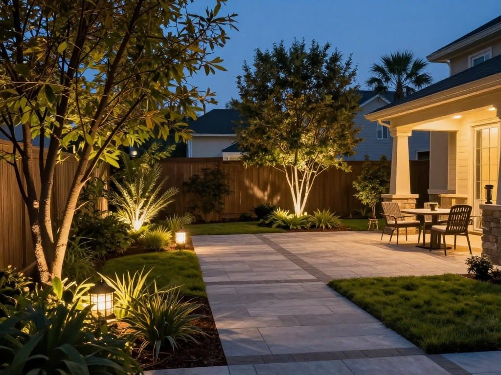 Outdoor landscape lighting illuminating backyard at night Outdoor landscape lighting illuminating backyard at night
