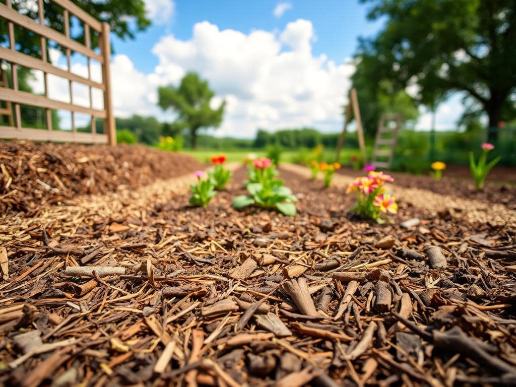 A beautifully organized garden setting featuring various mulching materials including wood chips, straw, and shredded leaves, arranged in neat rows. In the foreground, a close-up of freshly mulched soil, showcasing the texture and color of the different materials. In the middle ground, vegetable plants and vibrant flowers are visibly growing, with their roots surrounded by the mulch. The background includes a serene garden landscape with a blue sky, fluffy white clouds, and green trees, providing a tranquil atmosphere. Soft, natural lighting illuminates the scene, enhancing the colors of the mulch and plants. The image should be captured from a slightly elevated angle to offer a comprehensive view of the garden’s layout, conveying a peaceful, inviting feeling of nurturing nature. A beautifully organized garden setting featuring various mulching materials including wood chips, straw, and shredded leaves, arranged in neat rows. In the foreground, a close-up of freshly mulched soil, showcasing the texture and color of the different materials. In the middle ground, vegetable plants and vibrant flowers are visibly growing, with their roots surrounded by the mulch. The background includes a serene garden landscape with a blue sky, fluffy white clouds, and green trees, providing a tranquil atmosphere. Soft, natural lighting illuminates the scene, enhancing the colors of the mulch and plants. The image should be captured from a slightly elevated angle to offer a comprehensive view of the garden’s layout, conveying a peaceful, inviting feeling of nurturing nature.