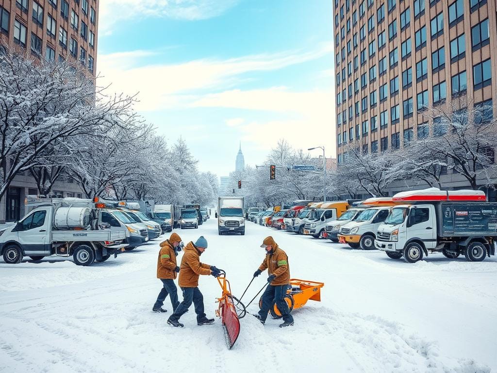 A busy urban commercial setting after a heavy snowfall. In the foreground, a team of workers in professional winter attire, featuring warm jackets and hats, operates a snow plow, clearing the path to a large office building. In the middle ground, various commercial vehicles equipped with snow removal tools are parked, showcasing professionalism and readiness. The background reveals snow-covered trees and a clear blue sky, contributing to a serene winter atmosphere. Soft, diffused lighting creates an inviting mood while emphasizing the bright whiteness of the snow. The camera angle is slightly elevated, providing a comprehensive view of the bustling snow removal activity, highlighting efficiency and reliability. A busy urban commercial setting after a heavy snowfall. In the foreground, a team of workers in professional winter attire, featuring warm jackets and hats, operates a snow plow, clearing the path to a large office building. In the middle ground, various commercial vehicles equipped with snow removal tools are parked, showcasing professionalism and readiness. The background reveals snow-covered trees and a clear blue sky, contributing to a serene winter atmosphere. Soft, diffused lighting creates an inviting mood while emphasizing the bright whiteness of the snow. The camera angle is slightly elevated, providing a comprehensive view of the bustling snow removal activity, highlighting efficiency and reliability.