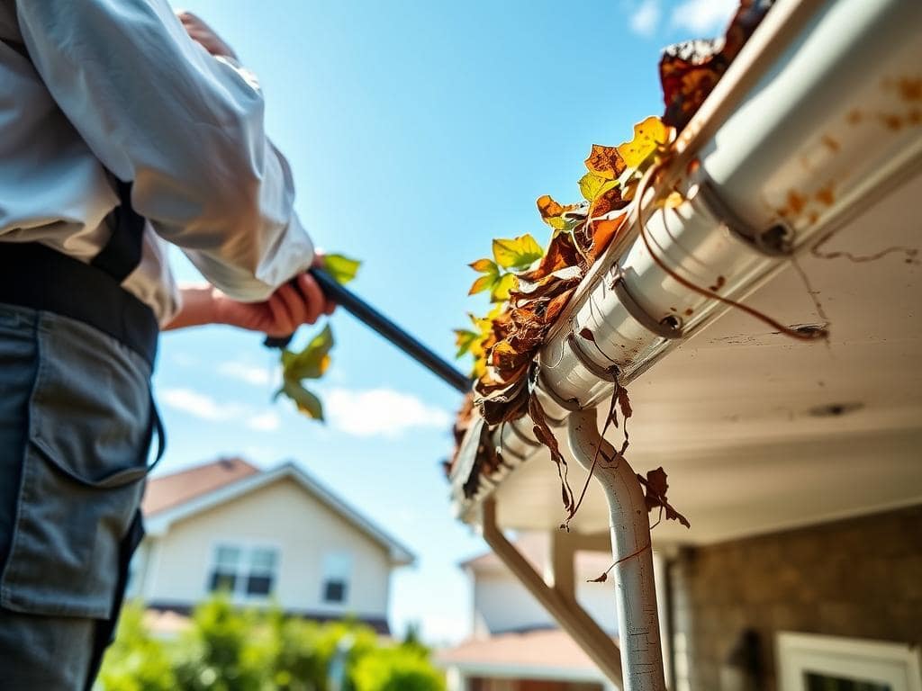 A close-up scene emphasizing the importance of gutter cleaning services. In the foreground, a professional wearing a clean uniform is examining a clogged gutter filled with leaves and debris. The middle ground showcases a well-maintained house with clear gutters, contrasting with a neighboring home showing water damage due to neglect. In the background, a sunny day highlights a bright blue sky, creating an optimistic atmosphere. The lighting is soft yet vibrant, enhancing the details of the gutters and the professionalism of the service. Capture the urgency and necessity of routine maintenance in an informative and visually appealing way, inviting viewers to recognize the value of proper gutter care. A close-up scene emphasizing the importance of gutter cleaning services. In the foreground, a professional wearing a clean uniform is examining a clogged gutter filled with leaves and debris. The middle ground showcases a well-maintained house with clear gutters, contrasting with a neighboring home showing water damage due to neglect. In the background, a sunny day highlights a bright blue sky, creating an optimistic atmosphere. The lighting is soft yet vibrant, enhancing the details of the gutters and the professionalism of the service. Capture the urgency and necessity of routine maintenance in an informative and visually appealing way, inviting viewers to recognize the value of proper gutter care.