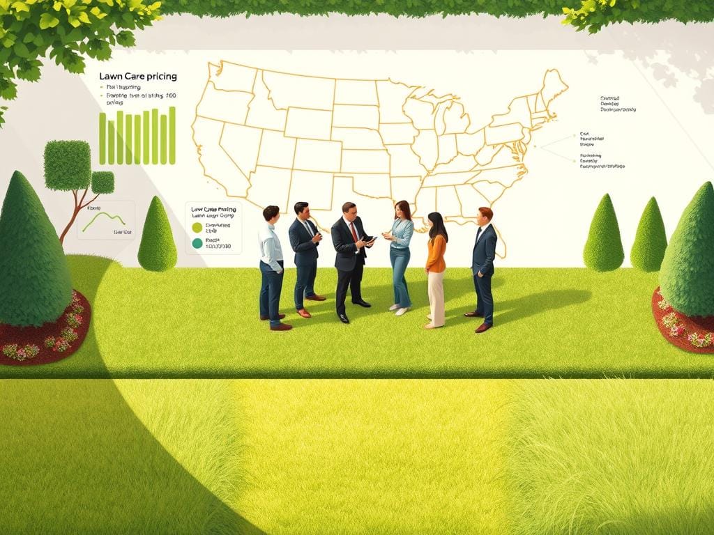 A detailed and informative illustration showcasing regional pricing trends in lawn care services. In the foreground, a variety of neatly manicured lawns represent different pricing tiers, with one lawn showing luxurious landscaping, another with moderate upkeep, and a simpler one demonstrating basic care. The middle ground features a diverse group of professionals in modest, professional attire discussing lawn care pricing, surrounded by charts and graphs that depict regional cost variations. The background presents a map of the country with highlighted regions, indicating varying pricing trends. Soft, natural lighting bathes the scene to create a warm, inviting atmosphere, with a slight overhead angle to capture the depth of the lawns and the engagement among the professionals. A detailed and informative illustration showcasing regional pricing trends in lawn care services. In the foreground, a variety of neatly manicured lawns represent different pricing tiers, with one lawn showing luxurious landscaping, another with moderate upkeep, and a simpler one demonstrating basic care. The middle ground features a diverse group of professionals in modest, professional attire discussing lawn care pricing, surrounded by charts and graphs that depict regional cost variations. The background presents a map of the country with highlighted regions, indicating varying pricing trends. Soft, natural lighting bathes the scene to create a warm, inviting atmosphere, with a slight overhead angle to capture the depth of the lawns and the engagement among the professionals.