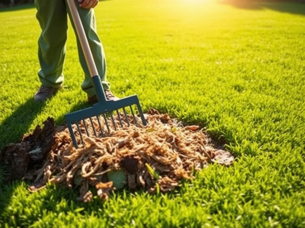 A detailed illustration of the step-by-step dethatching process in lawn care. In the foreground, a person in professional gardening attire is using a dethatching rake, demonstrating the technique. The middle ground shows patches of lawn being cleared of thatch, with visible layers of organic material being pulled away from the healthy grass. In the background, a lush green lawn stretches out under bright, natural sunlight, casting soft shadows. The angle is slightly elevated, capturing both the action of dethatching and the overall lawn scene. The atmosphere is sunny and inviting, emphasizing a sense of care and nurturing in garden maintenance. The focus is sharp on the dethatching action, while the background is slightly blurred to enhance the depth. A detailed illustration of the step-by-step dethatching process in lawn care. In the foreground, a person in professional gardening attire is using a dethatching rake, demonstrating the technique. The middle ground shows patches of lawn being cleared of thatch, with visible layers of organic material being pulled away from the healthy grass. In the background, a lush green lawn stretches out under bright, natural sunlight, casting soft shadows. The angle is slightly elevated, capturing both the action of dethatching and the overall lawn scene. The atmosphere is sunny and inviting, emphasizing a sense of care and nurturing in garden maintenance. The focus is sharp on the dethatching action, while the background is slightly blurred to enhance the depth.