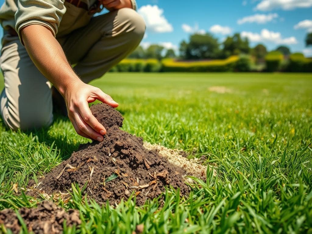 A detailed lawn care scene featuring a professional landscaper in modest casual clothing, kneeling on a vibrant green lawn while inspecting thatch and soil issues. In the foreground, the landscaper holds a small soil sample, examining its texture for signs of compaction or dryness. The middle layer showcases patches of thatch, a mixture of dead grass and organic debris, contrasted against healthy grass. In the background, a verdant expanse of a well-maintained yard stretches under a bright blue sky, with a few fluffy clouds. The sunlight casts gentle shadows, emphasizing the textures of the soil and thatch. The atmosphere is educational and engaging, inviting viewers to learn about lawn care troubleshooting. A detailed lawn care scene featuring a professional landscaper in modest casual clothing, kneeling on a vibrant green lawn while inspecting thatch and soil issues. In the foreground, the landscaper holds a small soil sample, examining its texture for signs of compaction or dryness. The middle layer showcases patches of thatch, a mixture of dead grass and organic debris, contrasted against healthy grass. In the background, a verdant expanse of a well-maintained yard stretches under a bright blue sky, with a few fluffy clouds. The sunlight casts gentle shadows, emphasizing the textures of the soil and thatch. The atmosphere is educational and engaging, inviting viewers to learn about lawn care troubleshooting.