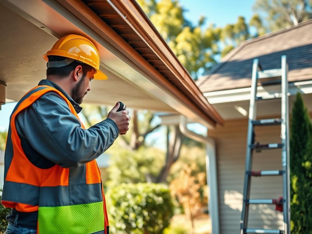 A detailed scene featuring a professional gutter cleaning technician inspecting a home's gutter system. In the foreground, the technician, dressed in a bright safety vest and hard hat, is using a flashlight to examine the gutter, showing potential debris buildup. In the middle ground, a ladder leans against the house, where a small pile of leaves and twigs is visible, indicating recent cleaning efforts. The background showcases a well-maintained suburban neighborhood with clear blue skies. Soft sunlight filters through the trees, creating a warm, inviting atmosphere. The scene captures a sense of diligence and care in home maintenance, emphasizing the importance of regular inspection and repair of gutter systems. A detailed scene featuring a professional gutter cleaning technician inspecting a home's gutter system. In the foreground, the technician, dressed in a bright safety vest and hard hat, is using a flashlight to examine the gutter, showing potential debris buildup. In the middle ground, a ladder leans against the house, where a small pile of leaves and twigs is visible, indicating recent cleaning efforts. The background showcases a well-maintained suburban neighborhood with clear blue skies. Soft sunlight filters through the trees, creating a warm, inviting atmosphere. The scene captures a sense of diligence and care in home maintenance, emphasizing the importance of regular inspection and repair of gutter systems.