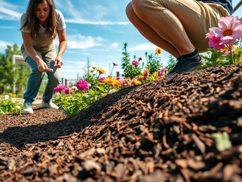 A detailed scene illustrating the process of applying mulch effectively in a garden setting. In the foreground, a person wearing modest casual clothing is kneeling and spreading organic mulch around vibrant flower beds. The middle layer features freshly spread mulch with rich brown hues, showcasing texture and depth. A variety of plants and flowers in bloom surround the area, adding splashes of color. In the background, a sunny garden scene with a clear blue sky and a few wispy clouds enhances the mood of a productive day in nature. Soft, natural lighting casts gentle shadows, creating a warm and inviting atmosphere. The angle is slightly tilted to capture the action and detail of both the person and the mulch application process. A detailed scene illustrating the process of applying mulch effectively in a garden setting. In the foreground, a person wearing modest casual clothing is kneeling and spreading organic mulch around vibrant flower beds. The middle layer features freshly spread mulch with rich brown hues, showcasing texture and depth. A variety of plants and flowers in bloom surround the area, adding splashes of color. In the background, a sunny garden scene with a clear blue sky and a few wispy clouds enhances the mood of a productive day in nature. Soft, natural lighting casts gentle shadows, creating a warm and inviting atmosphere. The angle is slightly tilted to capture the action and detail of both the person and the mulch application process.