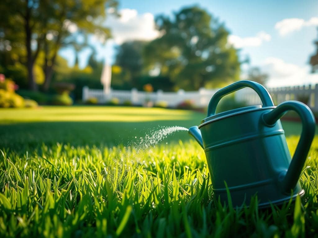 A lush, green lawn after applying weed and feed, with a focus on a watering can in the foreground, positioned to the side. In the middle ground, a serene yard with vibrant grass, with droplets of water glistening as early morning sunlight filters through soft clouds, casting gentle shadows. In the background, hints of a garden and a picket fence, all surrounded by trees under a clear, blue sky. The scene evokes a sense of serenity and care, embodying the importance of timing in maintaining a healthy lawn. The lighting should be warm and inviting, with a shallow depth of field to emphasize the watering can and grass details. A lush, green lawn after applying weed and feed, with a focus on a watering can in the foreground, positioned to the side. In the middle ground, a serene yard with vibrant grass, with droplets of water glistening as early morning sunlight filters through soft clouds, casting gentle shadows. In the background, hints of a garden and a picket fence, all surrounded by trees under a clear, blue sky. The scene evokes a sense of serenity and care, embodying the importance of timing in maintaining a healthy lawn. The lighting should be warm and inviting, with a shallow depth of field to emphasize the watering can and grass details.