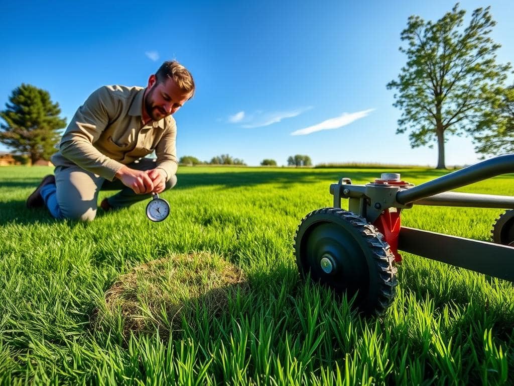 A lush, green lawn under bright, midday sunlight, showcasing the ideal conditions for dethatching. In the foreground, a gardener in modest, professional attire is kneeling on the grass, inspecting a patch of grass closely with a hand-held soil gauge. The middle ground features a dethatching machine, its sharp blades exposed, next to a vibrant, healthy lawn contrasting with areas needing care, displaying indications of thatch buildup. In the background, a clear blue sky with a few wispy clouds completes the serene setting, while soft shadows cast by nearby trees add depth to the scene. The atmosphere is calm and focused, highlighting the importance of choosing the right timing for lawn maintenance, creating a sense of professional dedication and care. A lush, green lawn under bright, midday sunlight, showcasing the ideal conditions for dethatching. In the foreground, a gardener in modest, professional attire is kneeling on the grass, inspecting a patch of grass closely with a hand-held soil gauge. The middle ground features a dethatching machine, its sharp blades exposed, next to a vibrant, healthy lawn contrasting with areas needing care, displaying indications of thatch buildup. In the background, a clear blue sky with a few wispy clouds completes the serene setting, while soft shadows cast by nearby trees add depth to the scene. The atmosphere is calm and focused, highlighting the importance of choosing the right timing for lawn maintenance, creating a sense of professional dedication and care.