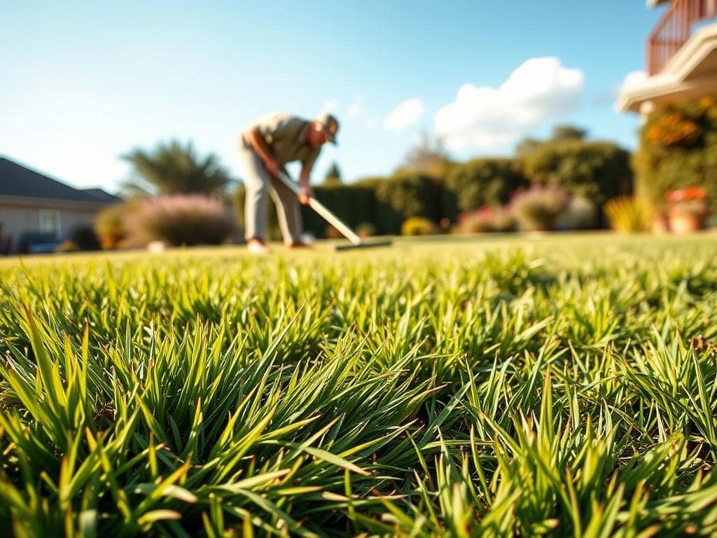 A lush, vibrant lawn after dethatching, showcasing rich green blades of grass in the foreground with noticeable texture variations where the detaching process occurred. In the middle ground, a homeowner in modest, casual clothing is using a lawn rake to spread grass seed evenly across the slightly uneven surface. They are bent over with concentration, embodying a sense of care and commitment to lawn maintenance. In the background, a clear blue sky hints at a sunny day, with a few fluffy white clouds. The lighting is warm and inviting, indicative of late afternoon sunlight that casts gentle shadows, enhancing the vibrant colors of the grass and the peaceful atmosphere of a well-tended garden. A lush, vibrant lawn after dethatching, showcasing rich green blades of grass in the foreground with noticeable texture variations where the detaching process occurred. In the middle ground, a homeowner in modest, casual clothing is using a lawn rake to spread grass seed evenly across the slightly uneven surface. They are bent over with concentration, embodying a sense of care and commitment to lawn maintenance. In the background, a clear blue sky hints at a sunny day, with a few fluffy white clouds. The lighting is warm and inviting, indicative of late afternoon sunlight that casts gentle shadows, enhancing the vibrant colors of the grass and the peaceful atmosphere of a well-tended garden.