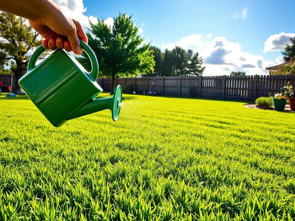 A lush, vibrant lawn in early morning light, freshly treated with weed and feed, showing a variety of green shades. In the foreground, a hand holding a garden watering can, poised to water the grass, with droplets shimmering in the sun. The middle ground features the neatly organized backyard, where a few scattered gardening tools suggest recent lawn care activity. In the background, a clear blue sky contrasts with fluffy white clouds, creating an inviting atmosphere. Soft shadows from nearby trees add depth, suggesting a peaceful suburban setting. The scene embodies a sense of care and attentiveness to lawn health, emphasizing the importance of timing in the watering process after treatment. A lush, vibrant lawn in early morning light, freshly treated with weed and feed, showing a variety of green shades. In the foreground, a hand holding a garden watering can, poised to water the grass, with droplets shimmering in the sun. The middle ground features the neatly organized backyard, where a few scattered gardening tools suggest recent lawn care activity. In the background, a clear blue sky contrasts with fluffy white clouds, creating an inviting atmosphere. Soft shadows from nearby trees add depth, suggesting a peaceful suburban setting. The scene embodies a sense of care and attentiveness to lawn health, emphasizing the importance of timing in the watering process after treatment.